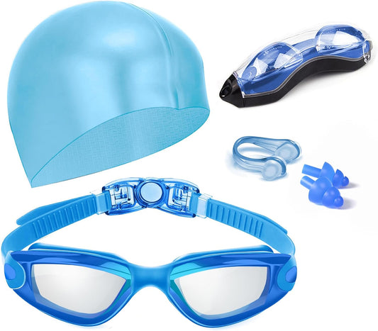 Swim Goggles Swimming Goggles No Leaking with Nose Clip, Earplugs, Swim Cap and Case for Men Women