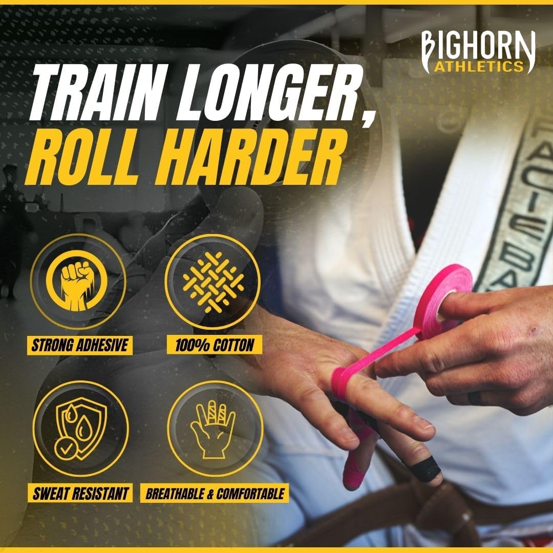 Bighorn Athletics Jiu Jitsu Finger Tape | Residue-Free Athletic Finger Tape for Sports & Injuries: Rock Climbing, Volleyball, Football, Basketball, Hands & Toes | 0.3-Inch x 45-feet, 8-Rolls, Pink