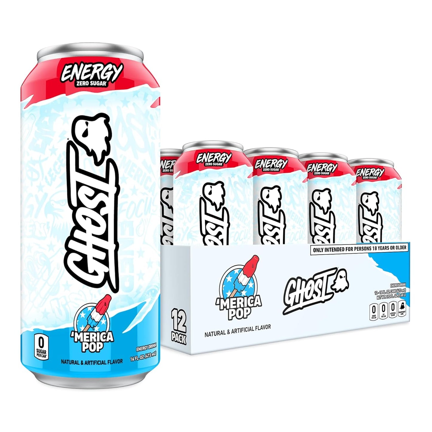 GHOST Energy Drink - 12-Pack, 'Merica Pop, 16oz Cans - Energy & Focus & No Artificial Colors - 200mg of Natural Caffeine, L-Carnitine & Taurine - Gluten-Free & Vegan