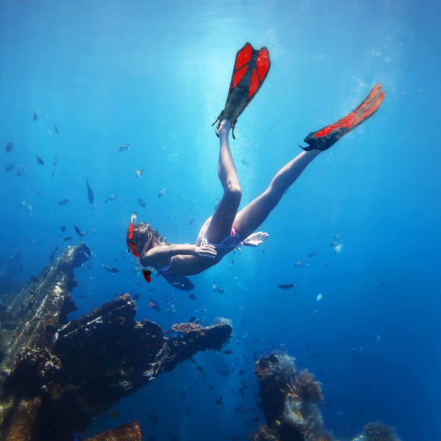 ZEEPORTE Mask Fin Snorkel Set, Travel Size Snorkeling Gear for Adults with Panoramic View Anti-Fog Mask, Trek Fins, Dry Top Snorkel and Gear Bag for Swimming Training, Snorkeling Kit Diving Packages