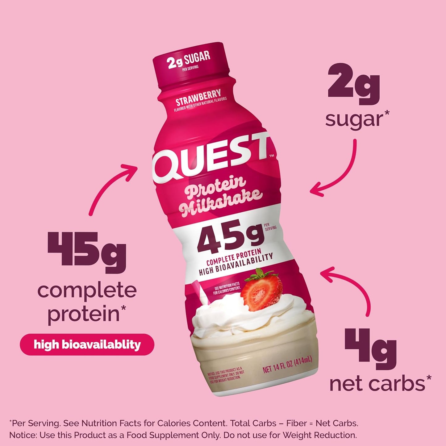 Quest Nutrition Strawberry Protein Shake, 45g Protein, 2g Sugar, 4g Net Carbs, Ready to Drink, Gluten Free, 4 Count