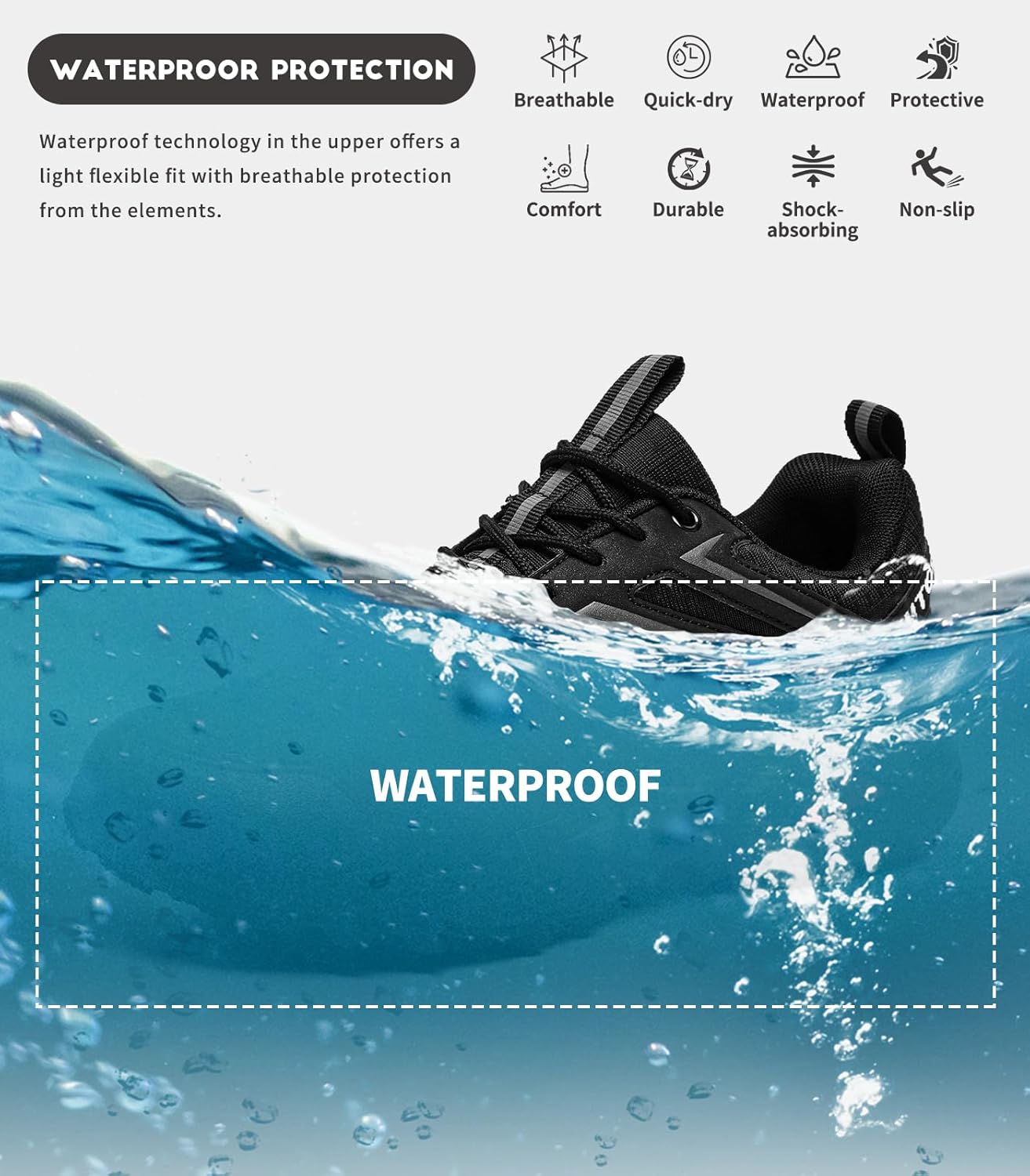 Mens Trail Running Shoes Waterproof Non-Slip Hiking Walking Sneakers for Outdoor Trailing Trekking Camping Quest Black