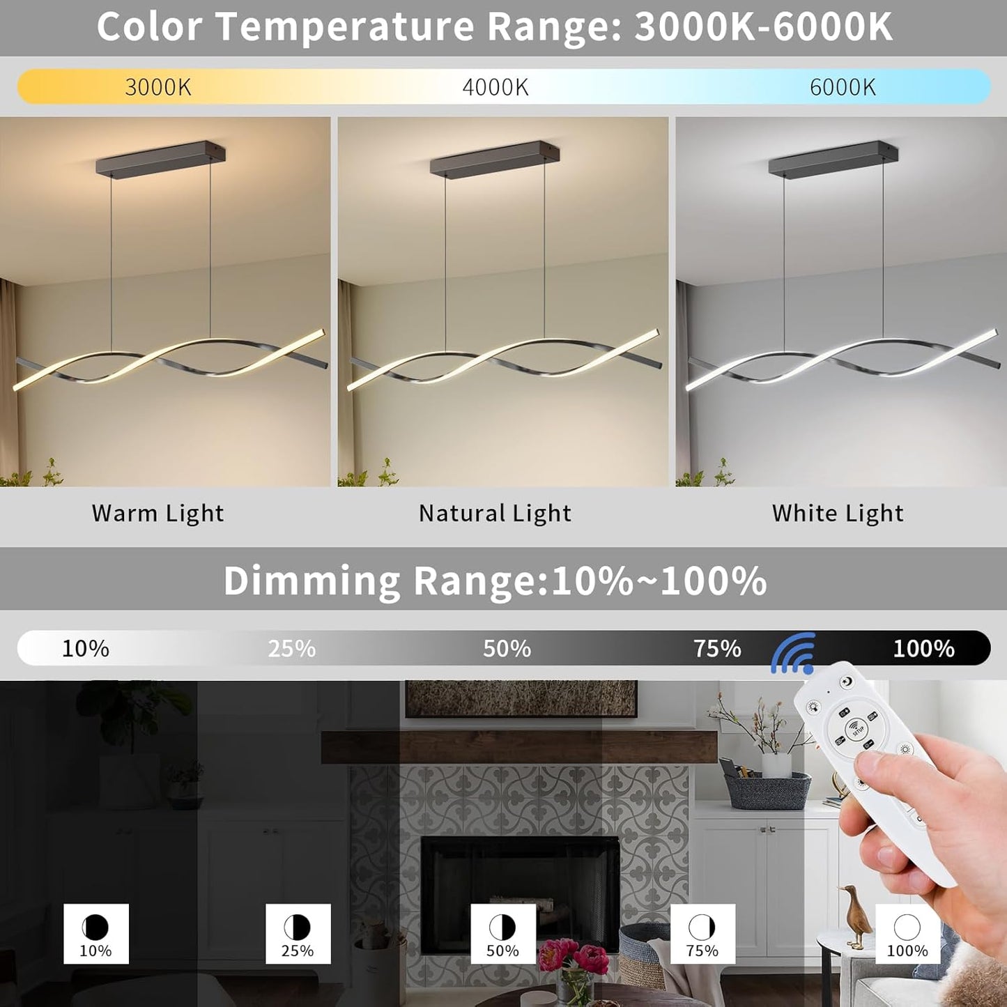Modern Pendant Lights Fixture, 39in Aluminum LED Chandelier with Remote Control Dimmable 3000k-6000K Color Temperature, Island Lighting Lamp for Kitchen, Dining Room, Billiard Room