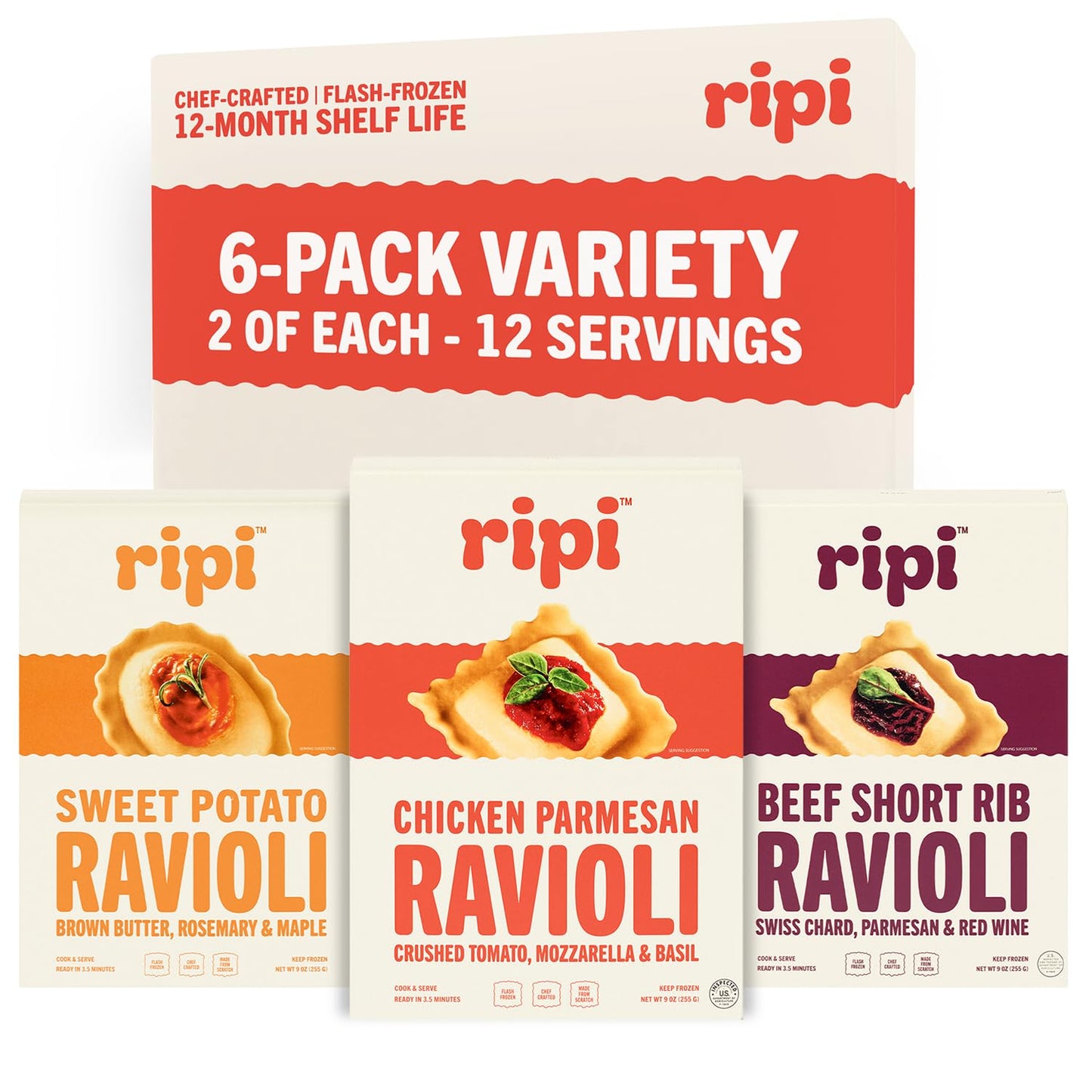 Ripi Frozen Ravioli – Frozen Pasta Meals – Chicken Parmesan, Braised Short Rib, Sweet Potato – Ready in Under 5 Minutes, 9oz Packs (6 Pack, Variety)
