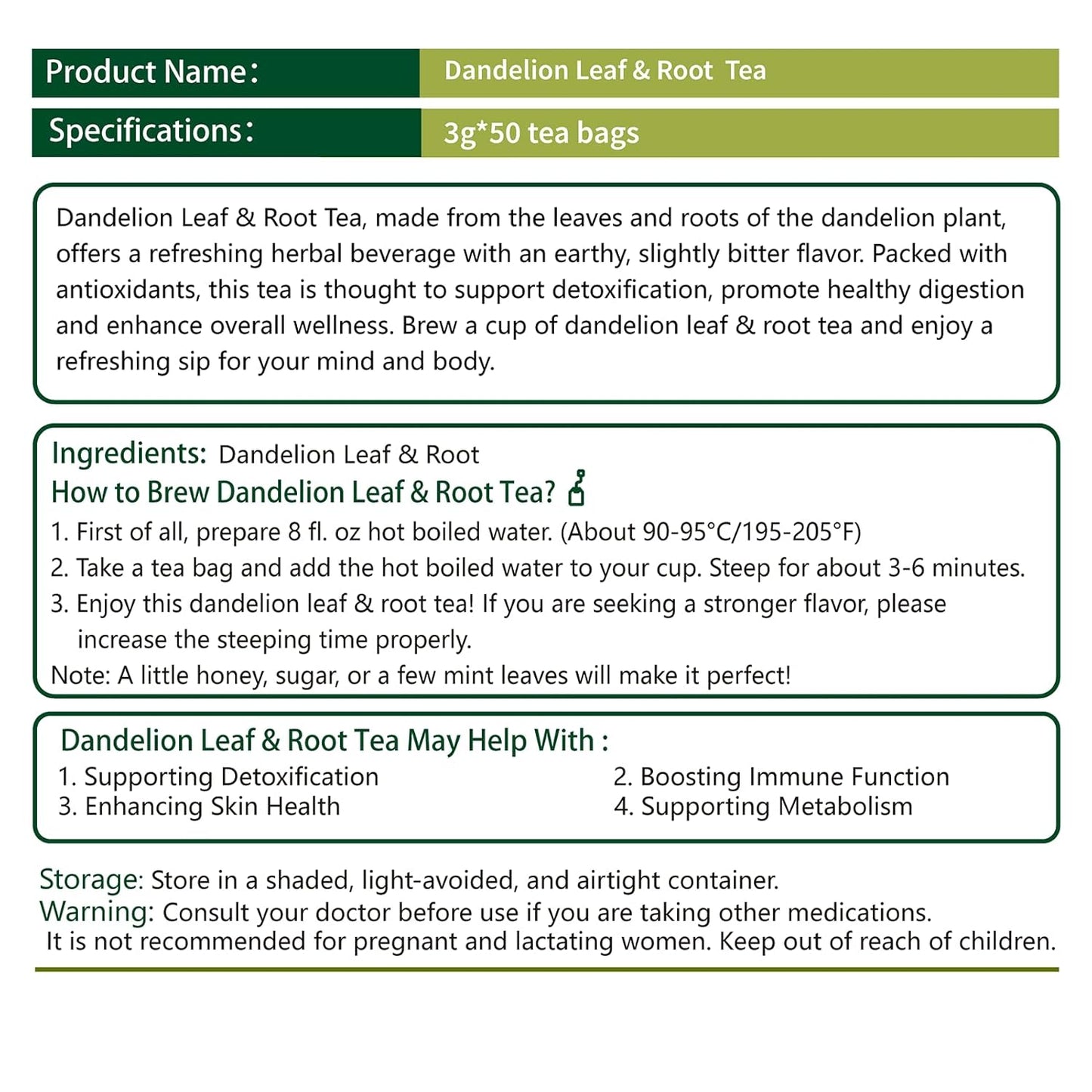 Samcci - Dandelion Leaf & Root Tea bags, 50 Teabags, Natural Roasted Dandelion Herbal Tea for Liver & Kidney Health, Support Digestion & Enhance Immune System, Caffeine Free