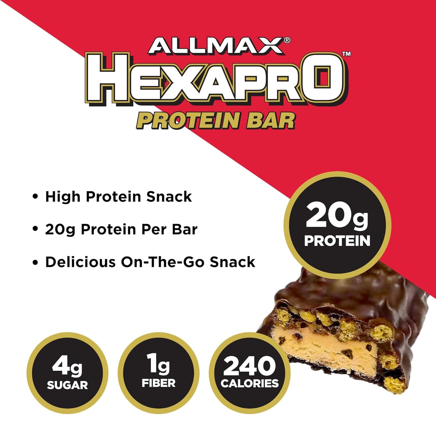 ALLMAX HEXAPRO PROTEIN BAR, Chocolate Chip Cookie Dough - Pack of 12 - High-Protein Energy Snack - 20 g of Protein Per Bar - With Whey Protein Isolate