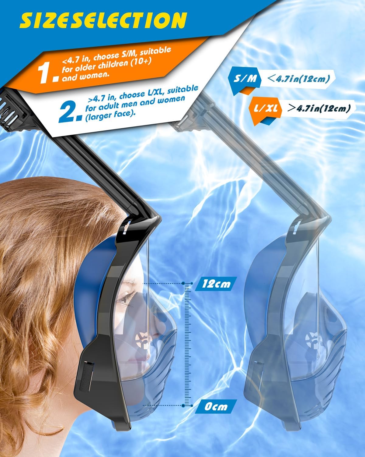 QingSong Full Face Snorkel Mask for Adults, Snorkeling Gear with Camera Mount, 180 Degree Panoramic View Snorkel Set Anti-Fog Anti-Leak