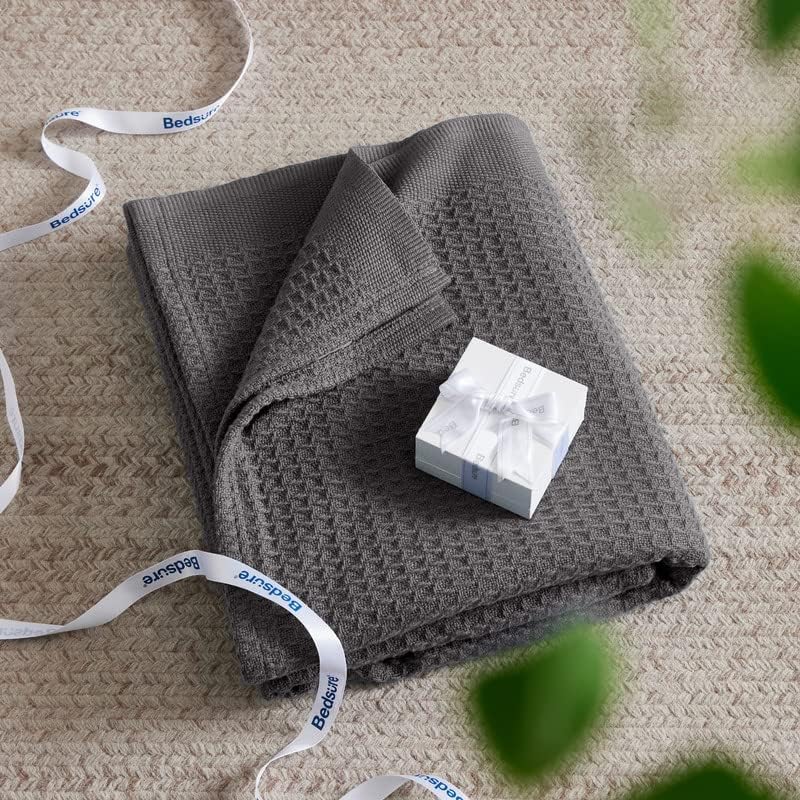 Bedsure 100% Cotton Blanket Twin XL Size for College Dorm - Breathable and Soft, Waffle Weave Twin Blanket for Summer, Dorm Room Essentials, Dark Grey, 66x90 inches