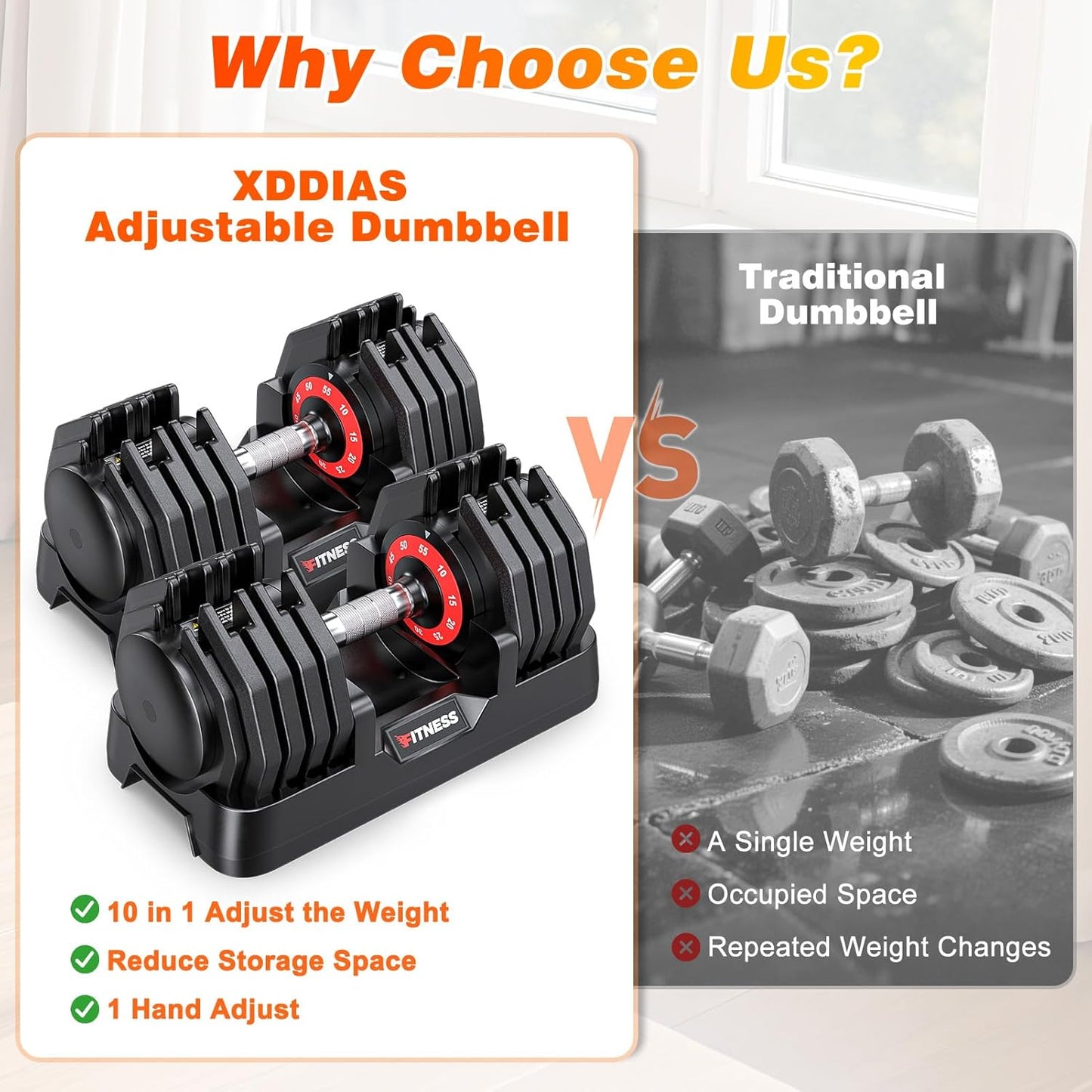 XDDIAS Adjustable Dumbbell Set of 2, 25/55/80LB Dumbbell Set-1Sec Adjustable Weights-5/10 in 1 Free Weights Dumbbells Set with Effortless Tray/No-Slip Handle-Compact Size for Women/Men at Home Gym