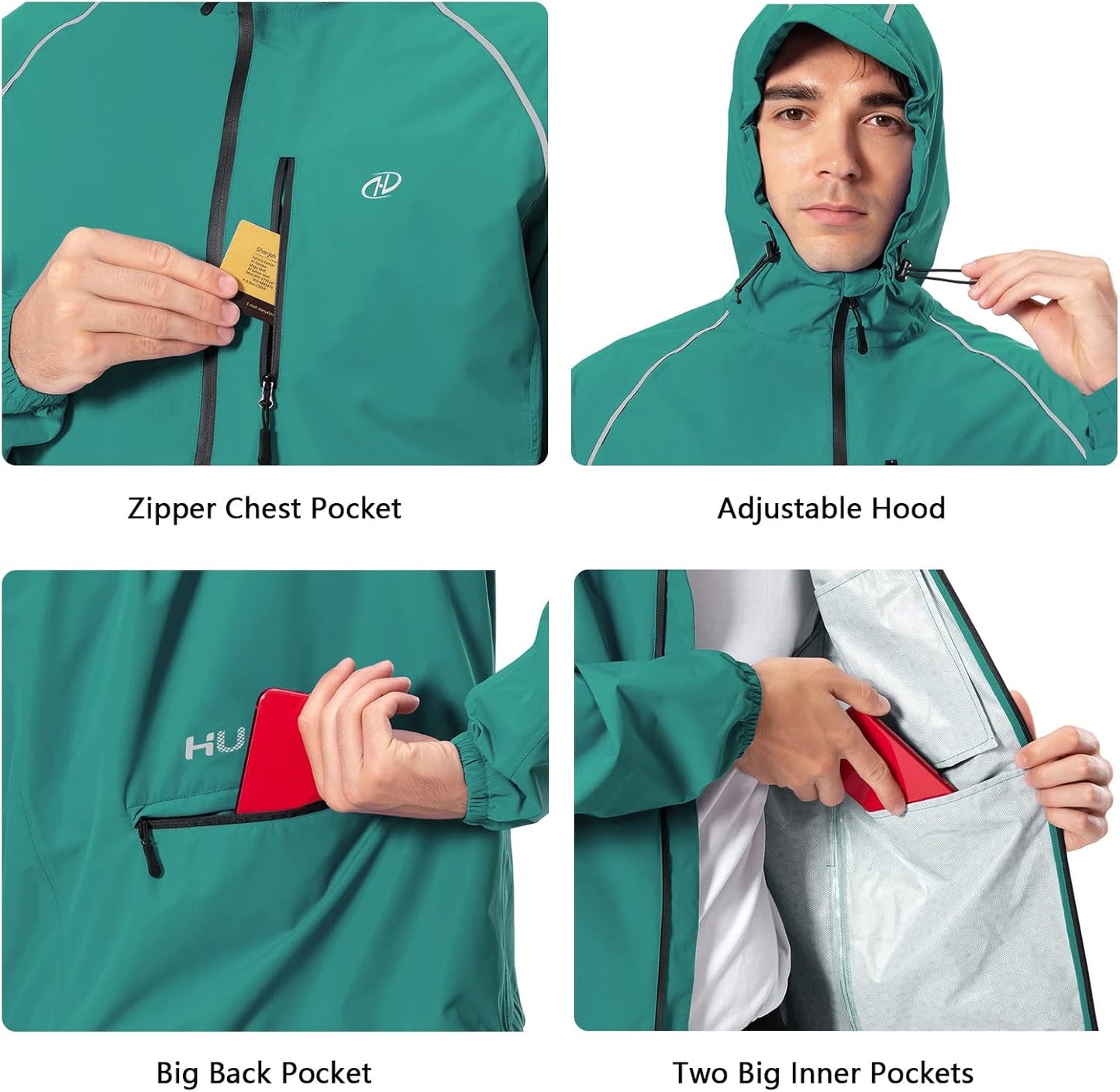 Men's Cycling Running Rain Jacket Lightweight Waterproof Biking Hiking Windbreaker Raincoat Reflective Packable