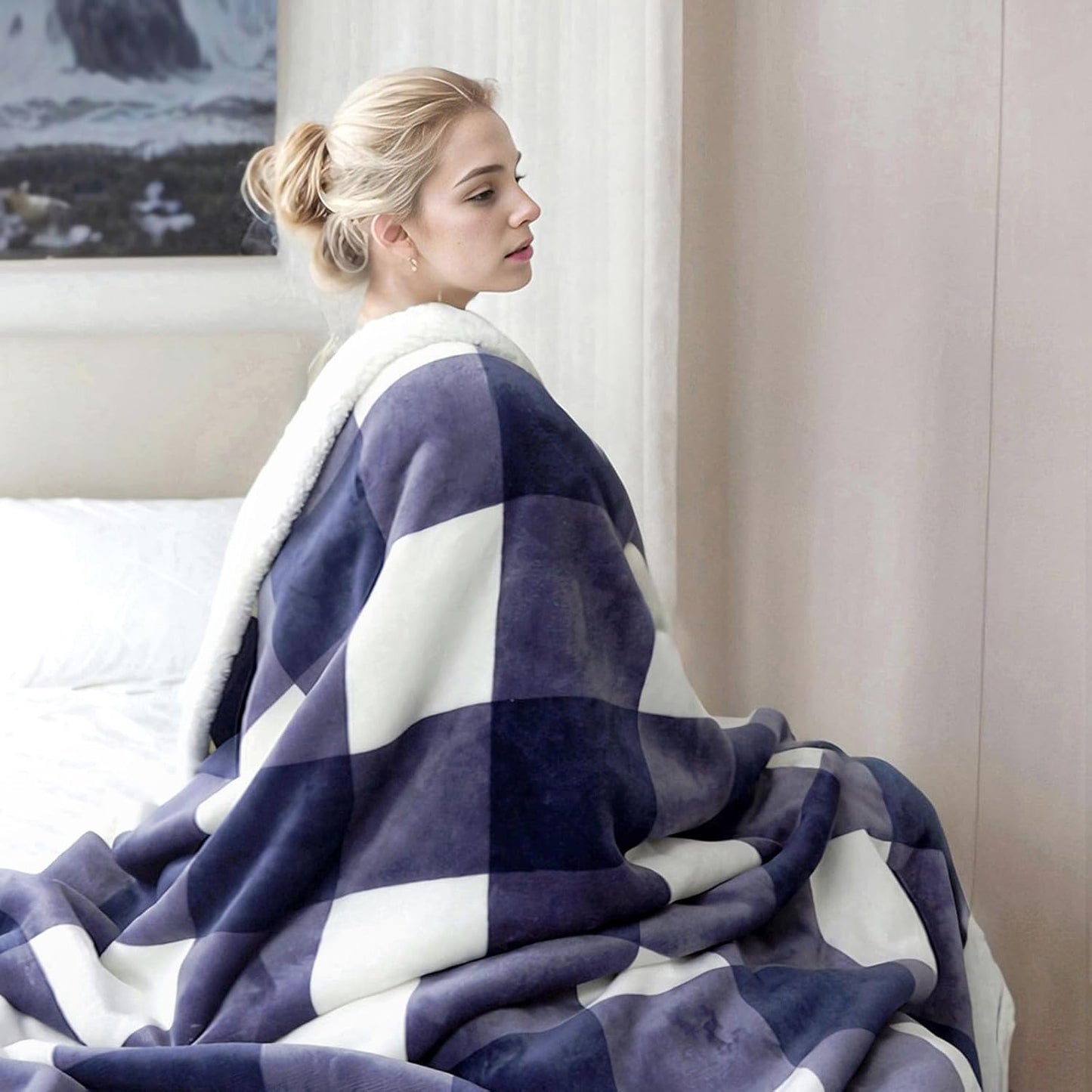 PU MEI Sherpa Blanket Fleece Throw Blanket Twin Plaid Thick Bed Blanket, Soft Warm Cozy Blue Checkered Throw Blanket 60"*80"