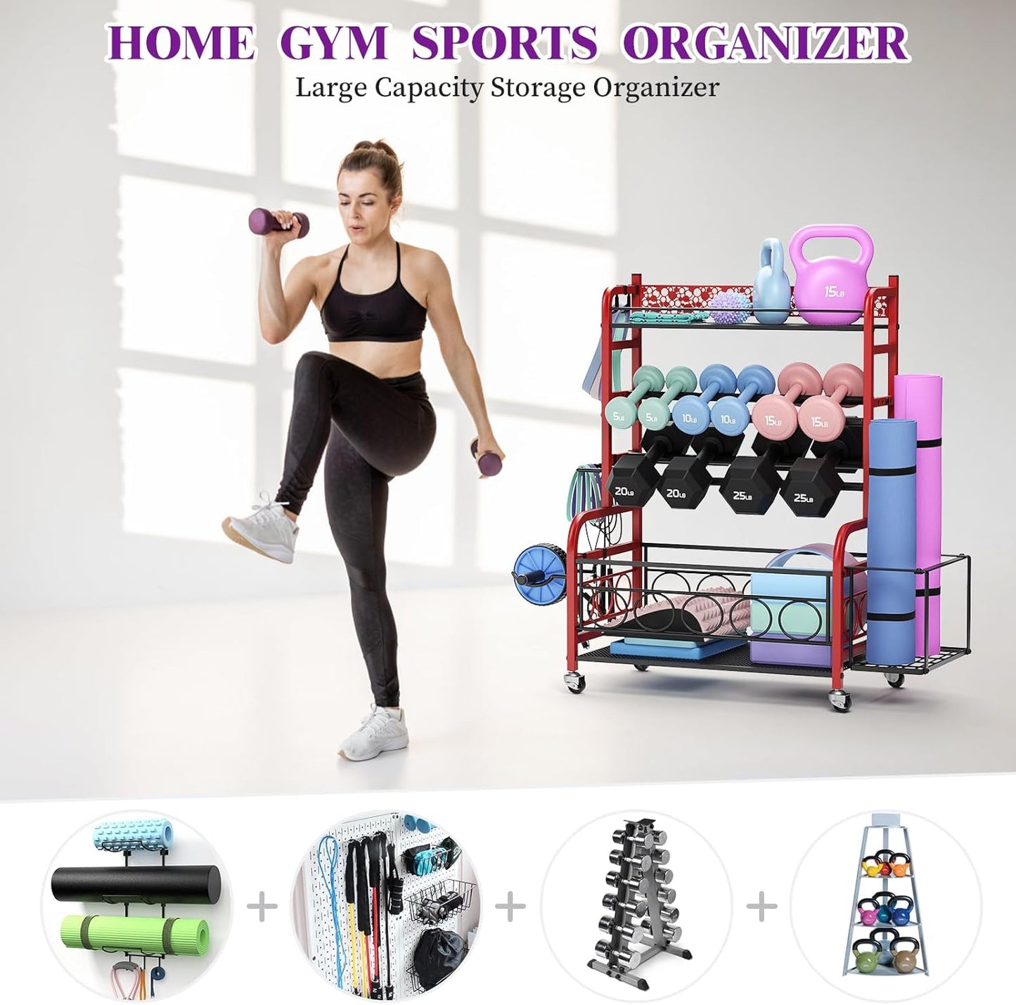 Dumbbell Rack, VOPEAK Weight Rack for Home Gym, Home Gym Storage Rack for Yoga Mat Kettlebells and Strength Training Equipment, Weight Storage Rack for Dumbbells with Wheels