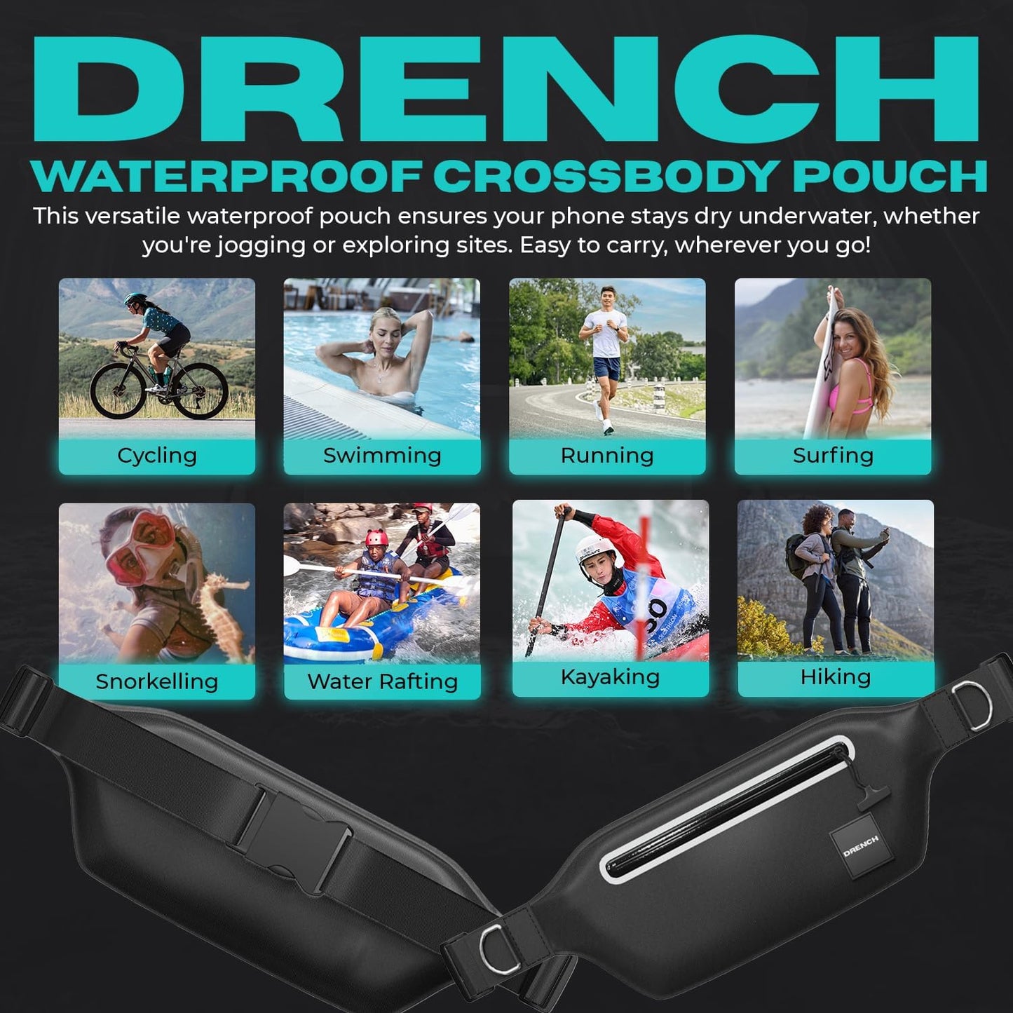 DRENCH 100% Underwater Waterproof Fanny Pack. Waist Pack. Submersible Waterproof Phone Pouch. Dry Bag for Swimming & Snorkelling. Underwater Phone case. (black with 2 rings)