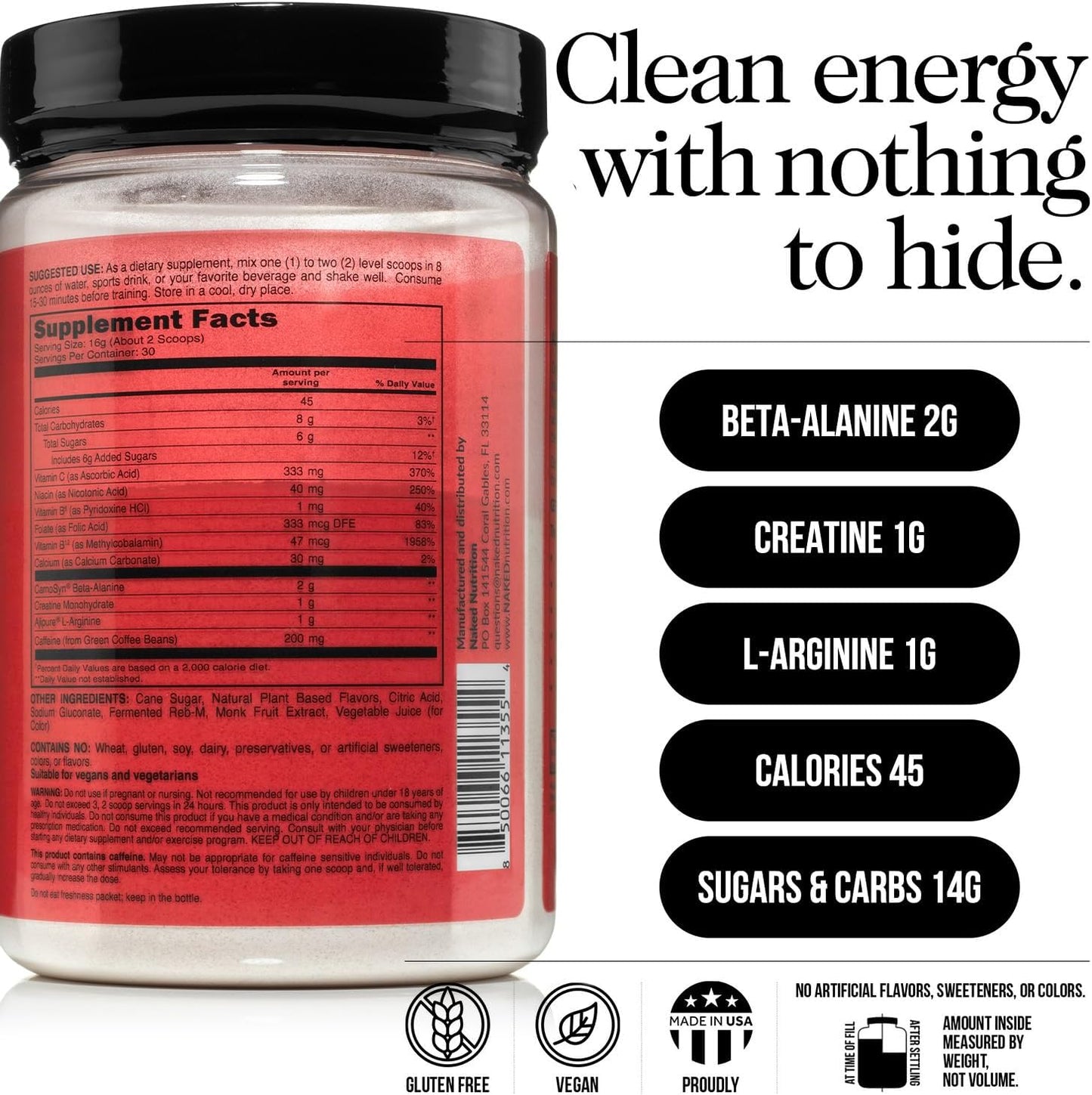 NAKED Cherry Lime Energy - Clean Pre Workout Supplement for Men and Women, Vegan Friendly, No Added Sweeteners, Colors Or Flavors - 30 Servings