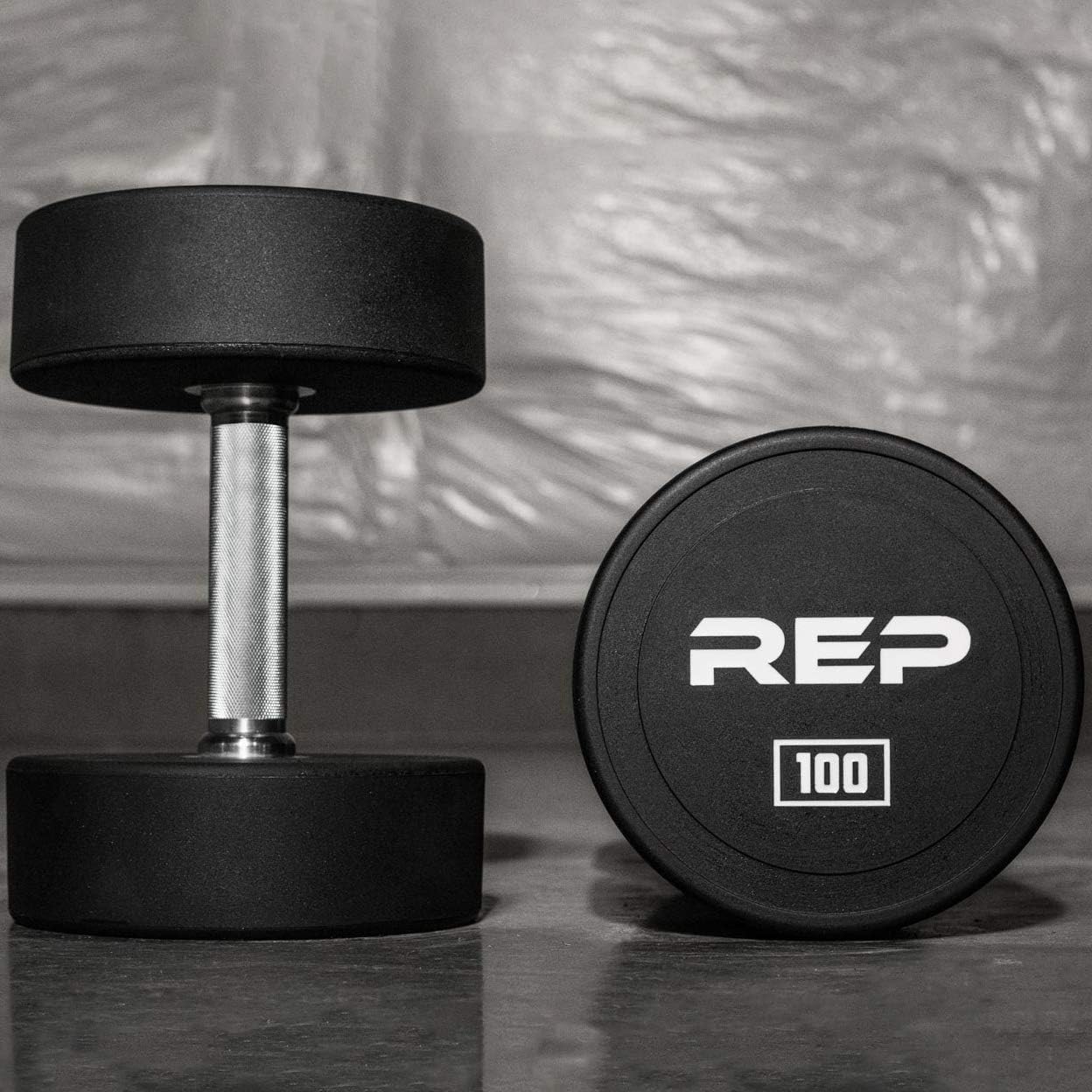 REP Fitness Urethane Coated Round Dumbbells, 5 to 100 lbs, Singles or Pairs, With or Without Rack, Steel Core, Rubber Encased, Chrome Handles, Professional Weights for Home Gym Strength Training