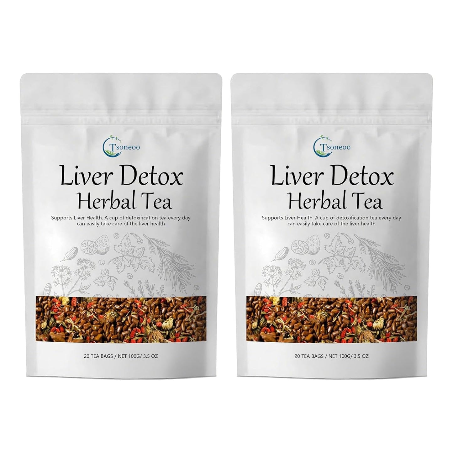 Liver Detox Herbal Tea | 20 Tea Bag，aids digestion，Caffeine-free, nine natural ingredients including milk thistle, chrysanthemum, cassia seed, etc. (2pcs)
