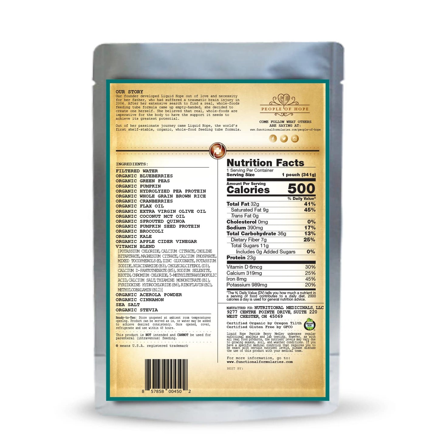 Functional Formularies Liquid Hope Peptide Berry Medley, Organic Tube Feeding Formula And Nutritional Meal Replacement Supplement, 12 Fl. Oz. Pouch, Pack of 24, Total: 288.0 Fl Oz