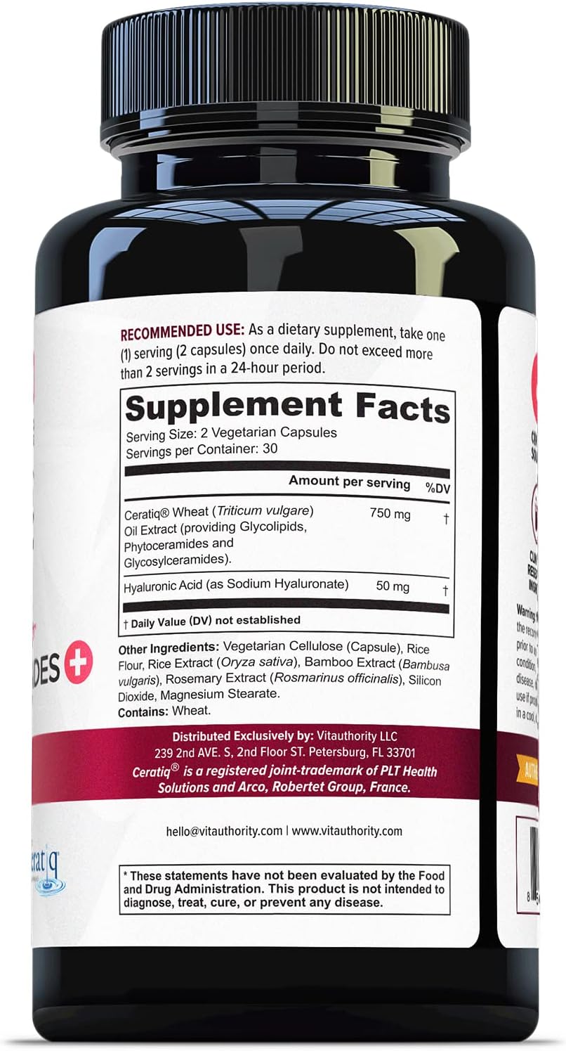 Hydrating Anti Aging Phytoceramides Supplement - Clinically Proven Ceratiq Ceramides with Hyaluronic Acid 700mg - Skin Barrier Repair Itchy Dry Skin Supplement for Women