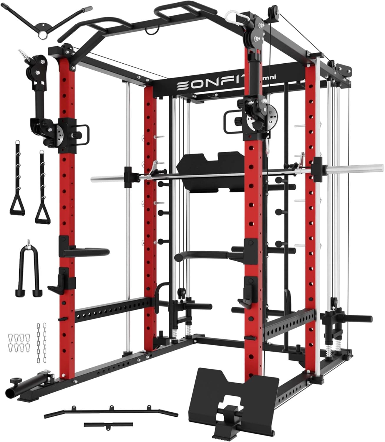 Eonfit E5 Smith Machine with Vertical Leg Press, Power Cage Squat Rack with LAT-Pull Down Cable Crossover Rotating Arms System Home Gym Equipment All in One (E5 RED)