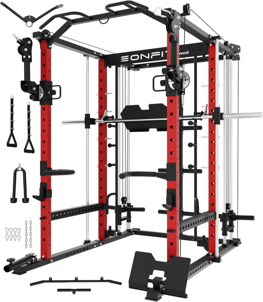 Eonfit E5 Smith Machine with Vertical Leg Press, Power Cage Squat Rack with LAT-Pull Down Cable Crossover Rotating Arms System Home Gym Equipment All in One (E5 RED)