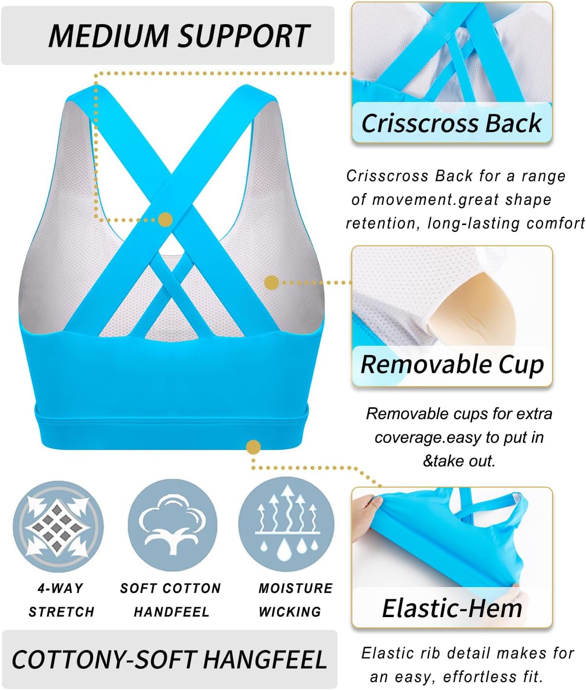 RUNNING GIRL Sports Bra for Women, Criss-Cross Back Padded Strappy Sports Bras Medium Support Yoga Bra with Removable Cups