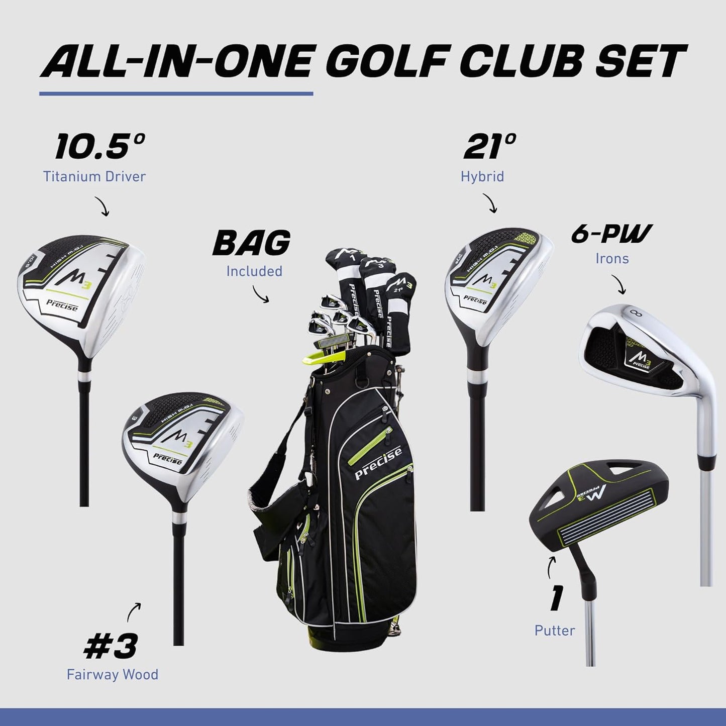 Precise M3 Men's Complete Golf Club Set, Includes Driver, Fairway, Hybrid, 6-PW, Putter, Stand Bag, 3 H/C's, Men’s Golf Clubs Full Set Right Handed, Regular, Petite or Tall Size