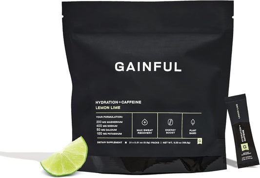 Gainful Hydration + Caffeine Packets with Key Electrolytes Magnesium & Sodium + L Theanine, Low Sugar Drink Mix, Lemon Lime, 21 Sticks