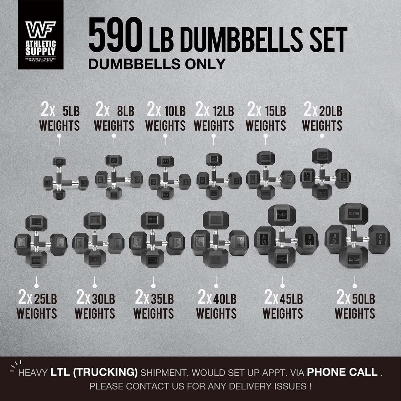 WF Athletic Supply Rubber Encased Hex Dumbbells with Rubber Grip Contoured Handle for Muscle Toning, Strength Building & Full Body Workout