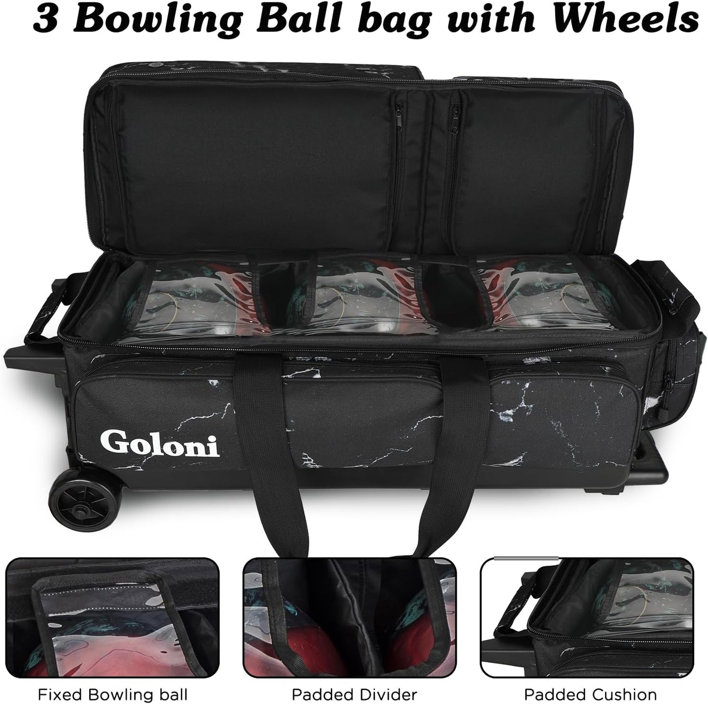 Goloni 3 Ball Bowling Bags with Wheels - Rolling Bowling Bag for 3 Balls & Accessories - Retractable Handle Extends to 38