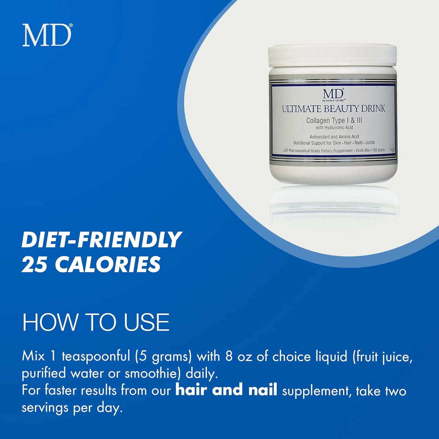 MD Ultimate Beauty Drink Powder CollagenType I & III | Collagen Dietary Supplement with Antioxidants | Provides Nutritional Support to Skin, Hair, Nails, Joints | 150 Grams