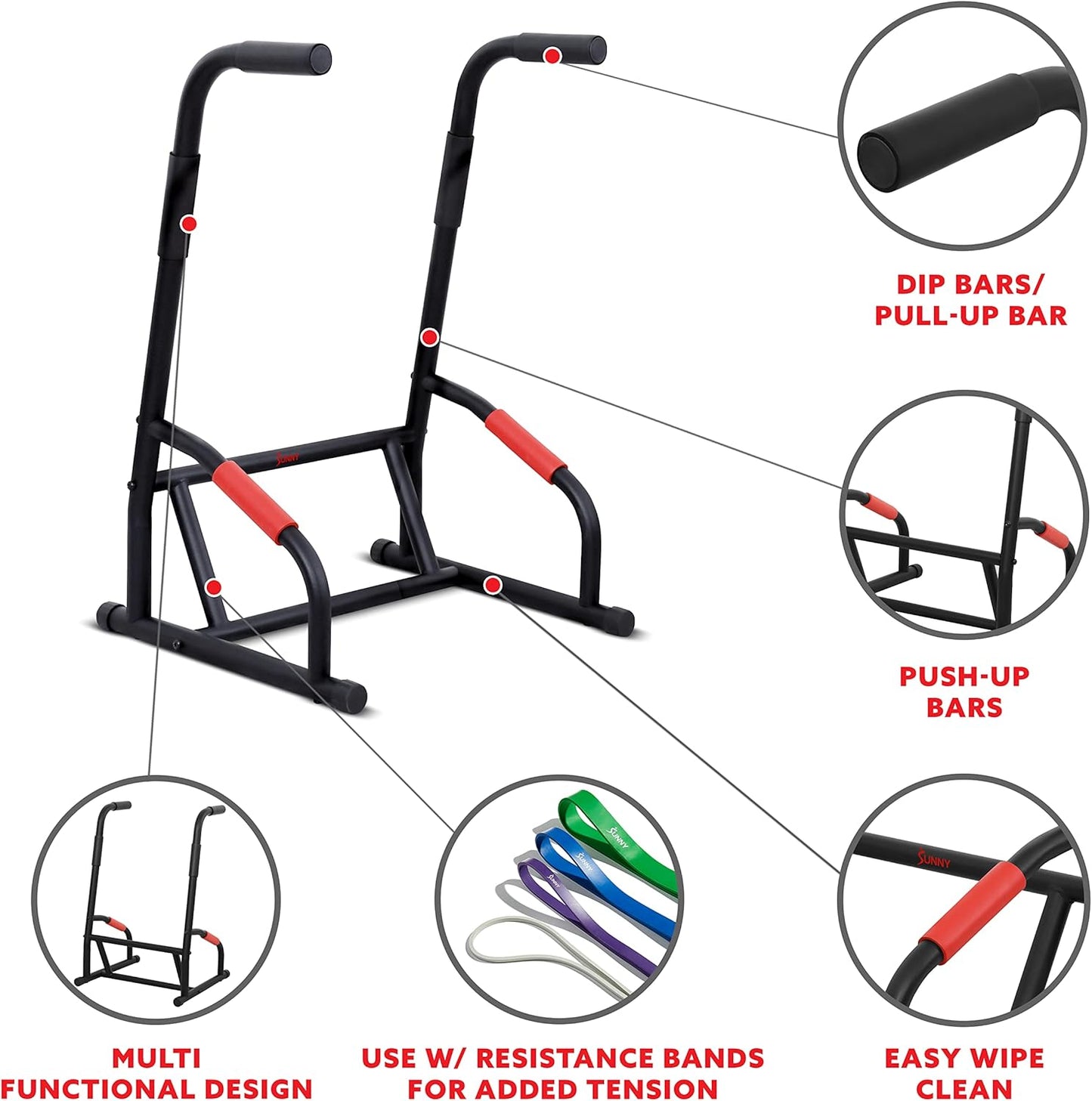 Sunny Health & Fitness Power Tower, Dip Bar, Push-Up & Pull Up Assisting Parallette Station w Optional Rock Climbing Grip Trainer