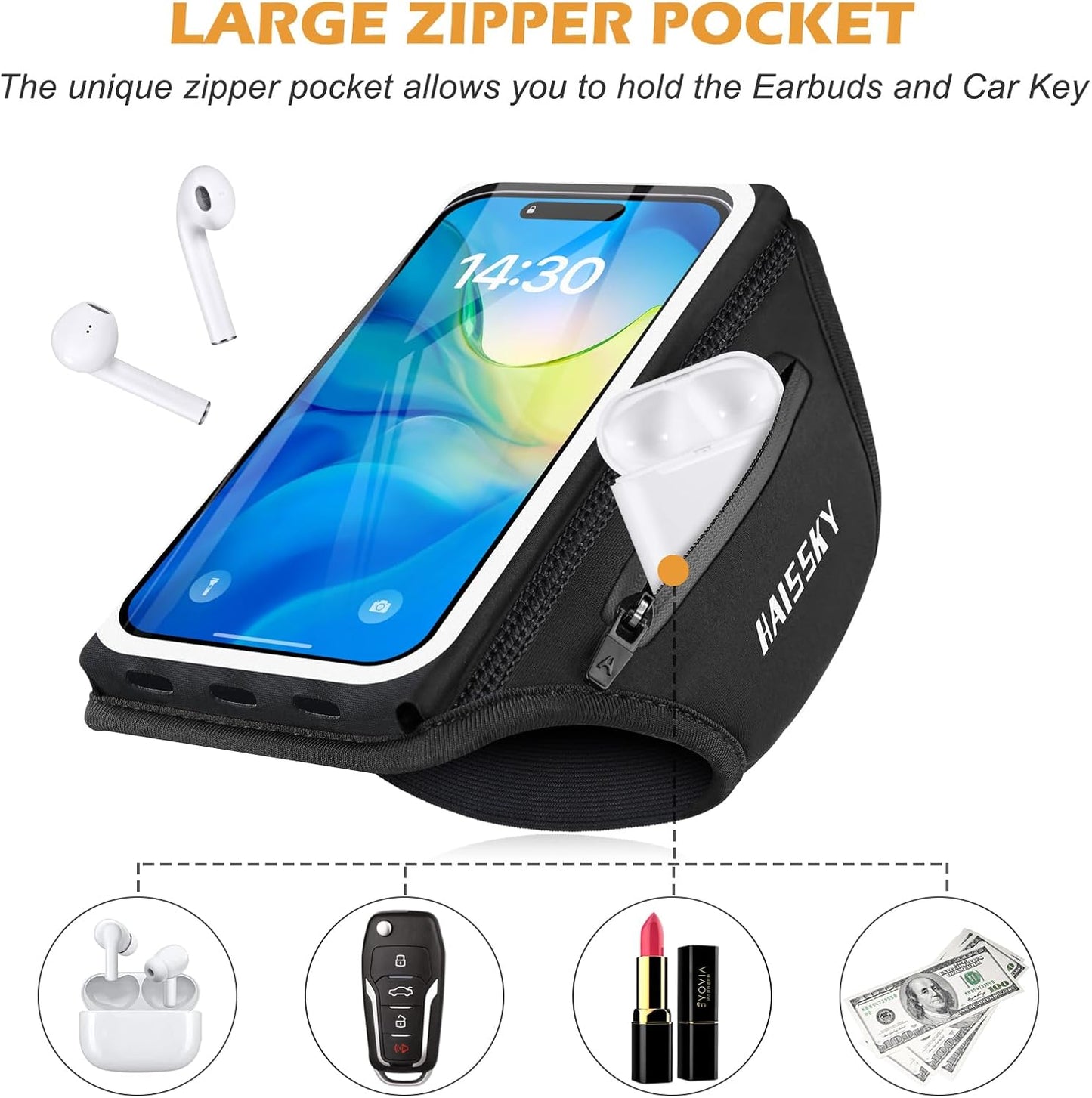 Running Armband with Earphone Bag Cell Phone Armband for iPhone 16 15 Pro 14 Plus 13 11 XR XS, Galaxy S24/S10 Water Resistant Sports Phone Holder Case & Zipper Slot Car Key Holder for 6.9 inch Phone