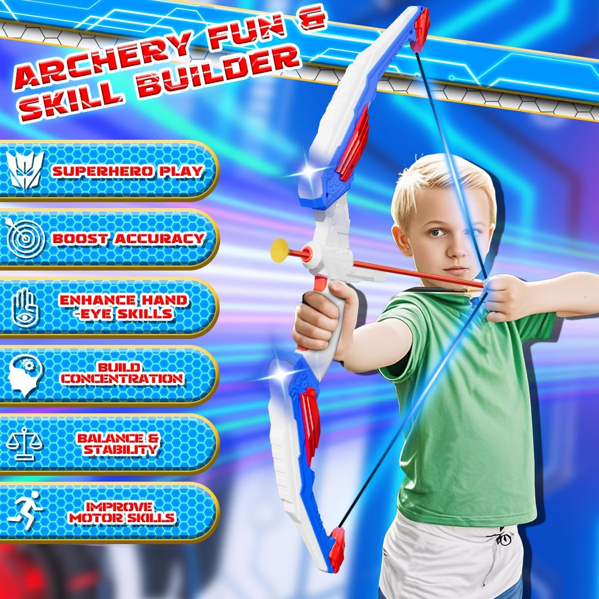 Kids Bow and Arrow Set, LED Light Up Archery Toy Set with 10 Suction Cup Arrows, 2 Target & Quiver, Indoor and Outdoor Toys Sport Gifts for Kids, Boys & Girls Ages 5 6 7 8 9 10 11 12