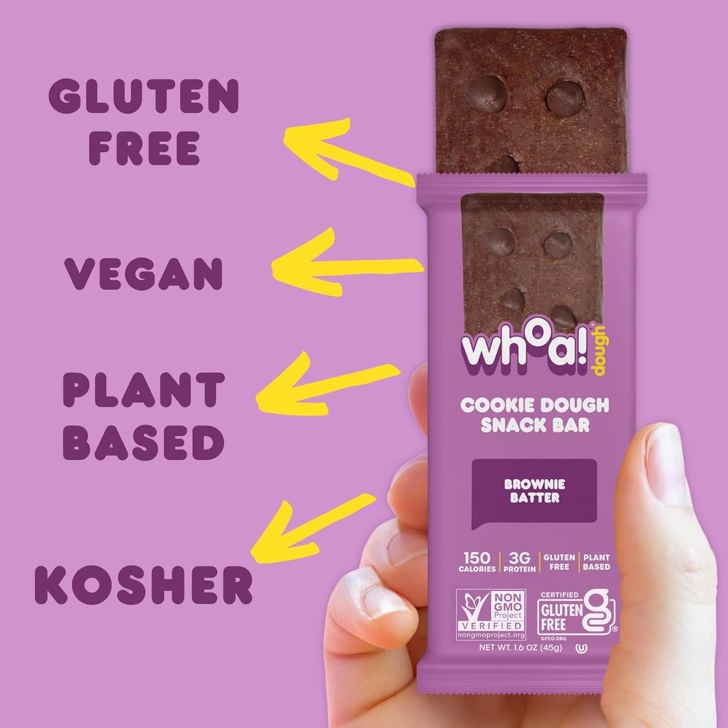 Whoa Dough Edible Cookie Dough Bars- Certified Non-GMO, Kosher and Gluten Free Bars - Healthy Snack Foods - Plant Based Snacks Made With Real Ingredients - Brownie Batter Cookie Dough - 10 Pack