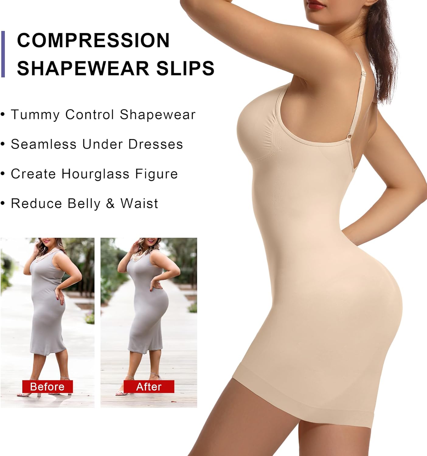 SHAPERX Strapless Shapewear Dress for Women Tummy Control Seamless Full Body Shaper Slip with Removable Straps