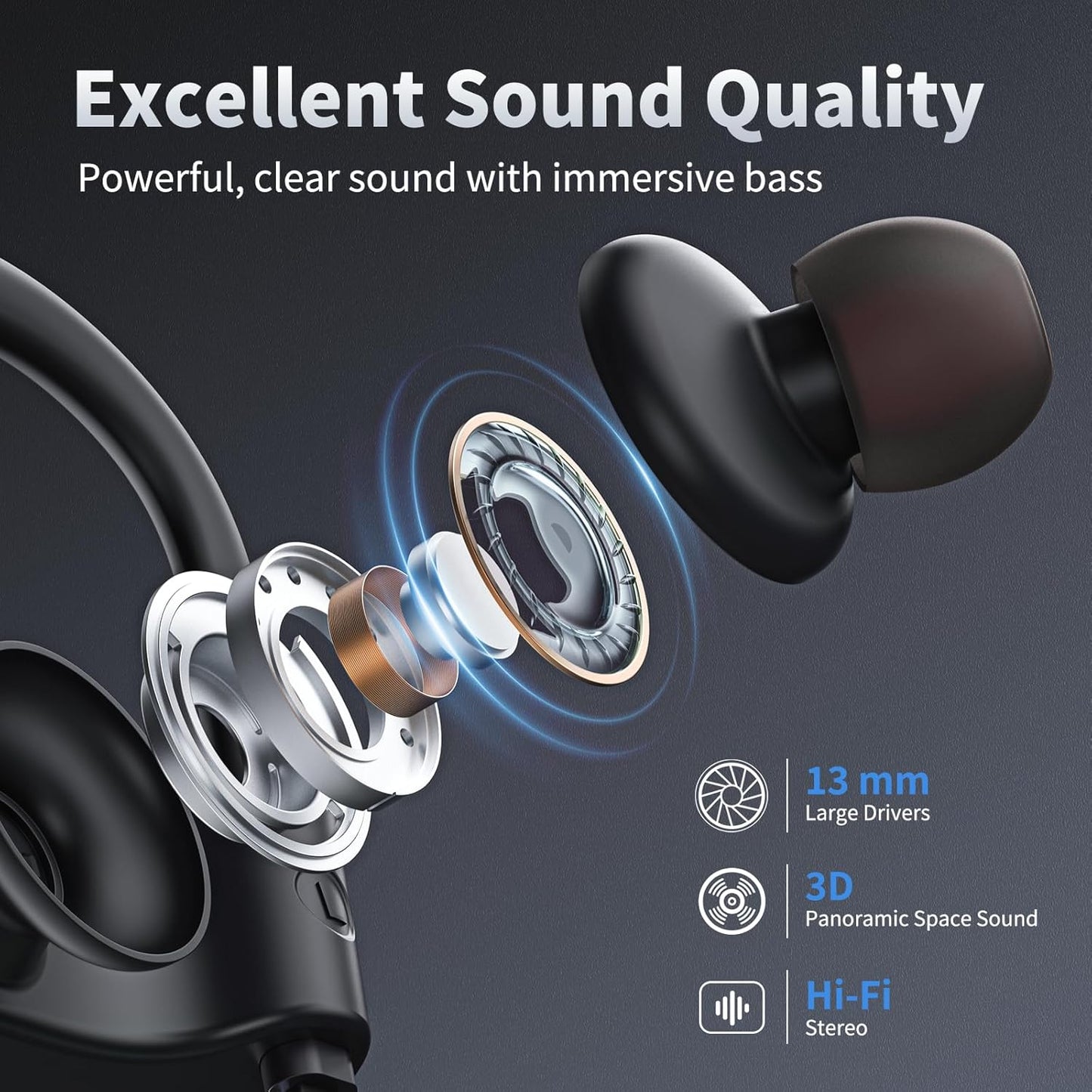 JOYWISE Bluetooth Headphones, Wireless Earbuds Bluetooth 5.3 Headphones with 16Hrs Playtime Stereo Bass Headsets, IPX7 Waterproof Running Earphones for Sports, Black