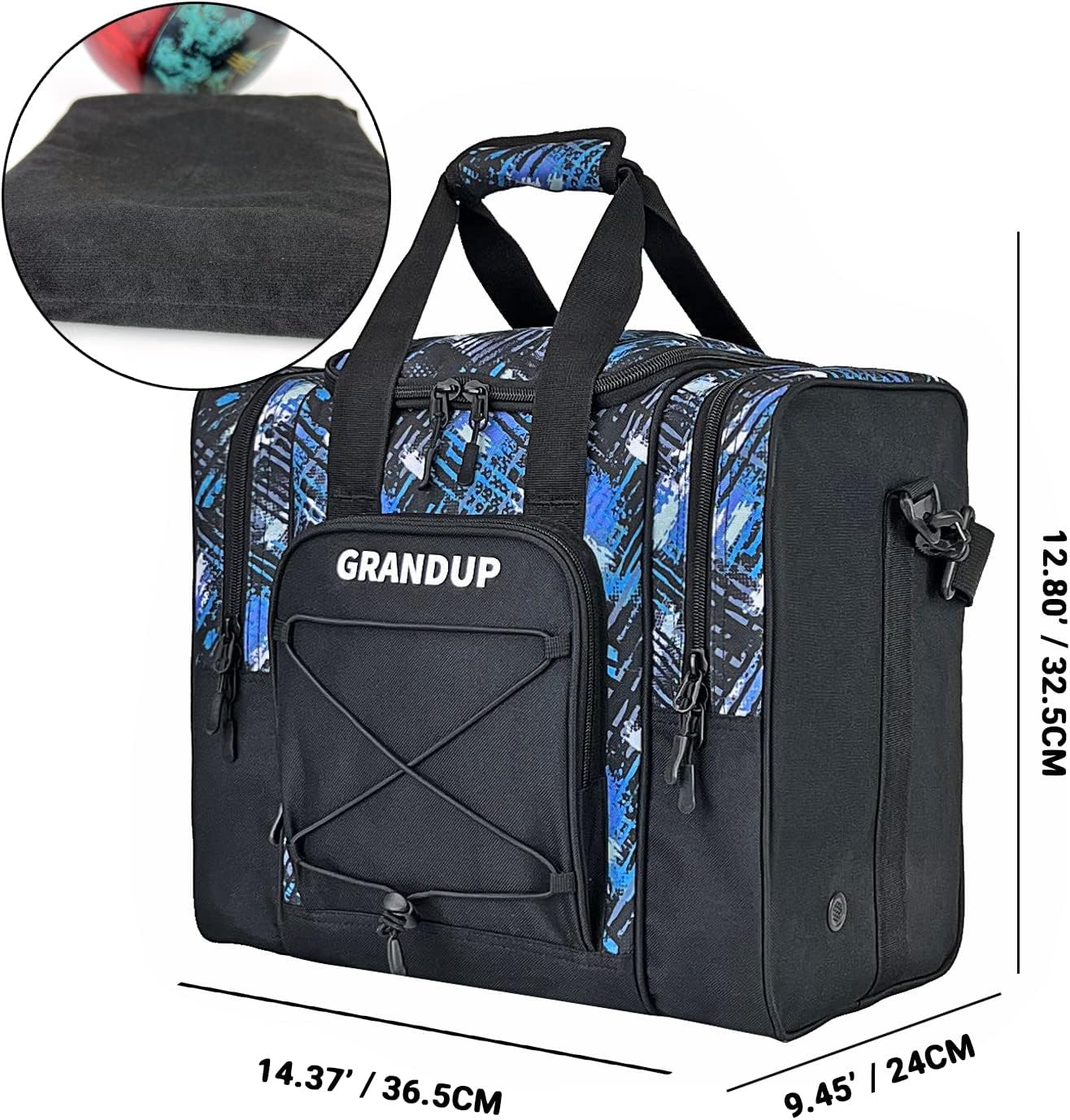 GRANDUP Bowling Ball Bag for Single Ball - Black Bowling accessories Ball Tote Bag Bowling Bag with Padded Ball Holder - Fits Bowling Shoes Up to Mens Size 14