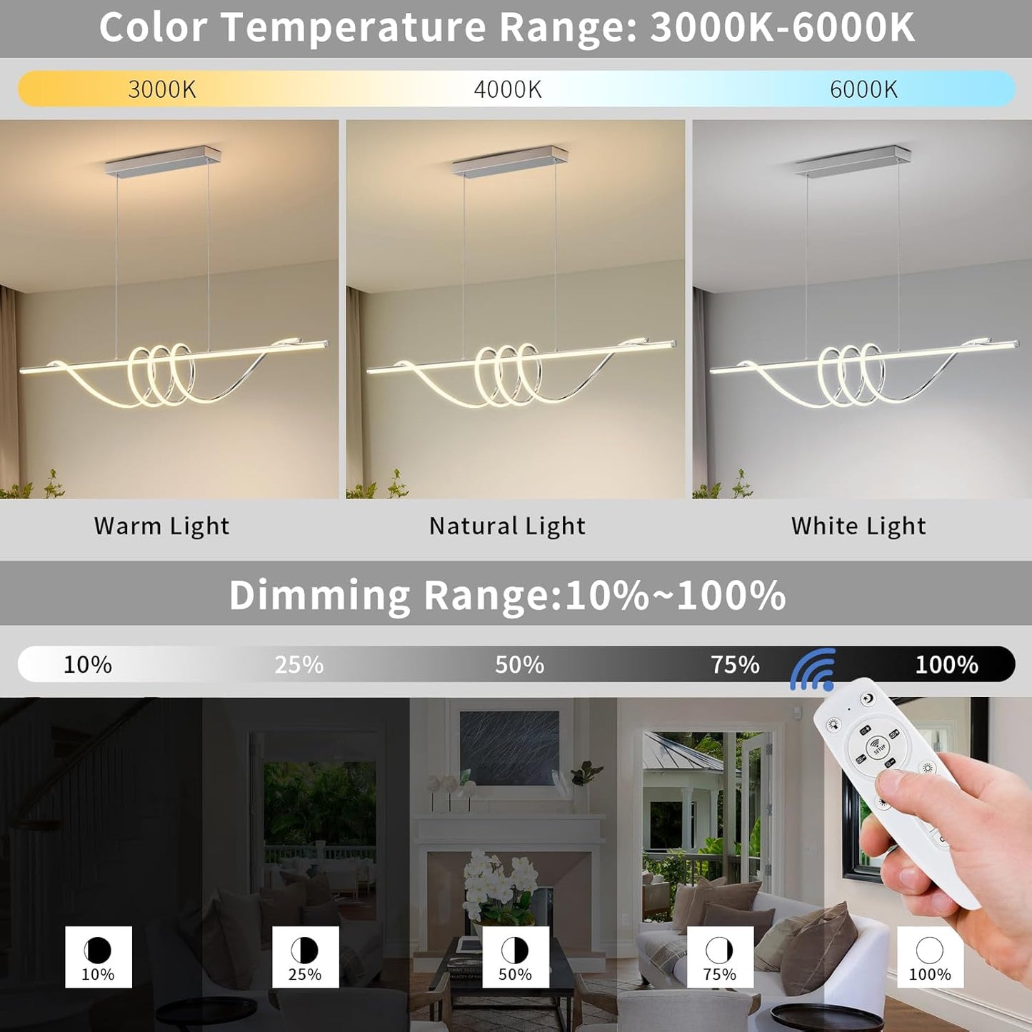 Modern Pendant Light Kitchen Island 57in Dimmable Hanging Lamp 3000k-6000K Adjustable Warm/Nautral/White with Remote Control, Dining Room Light Fixture Chrome Silver