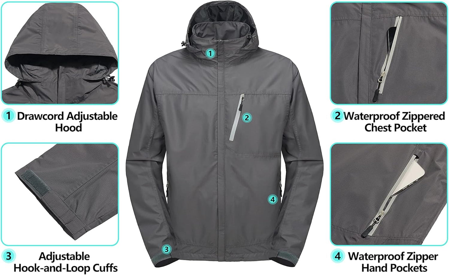 Little Donkey Andy Men's Waterproof Rain Jacket Outdoor Lightweight Hooded Raincoat for Hiking Golf Travel Fishing