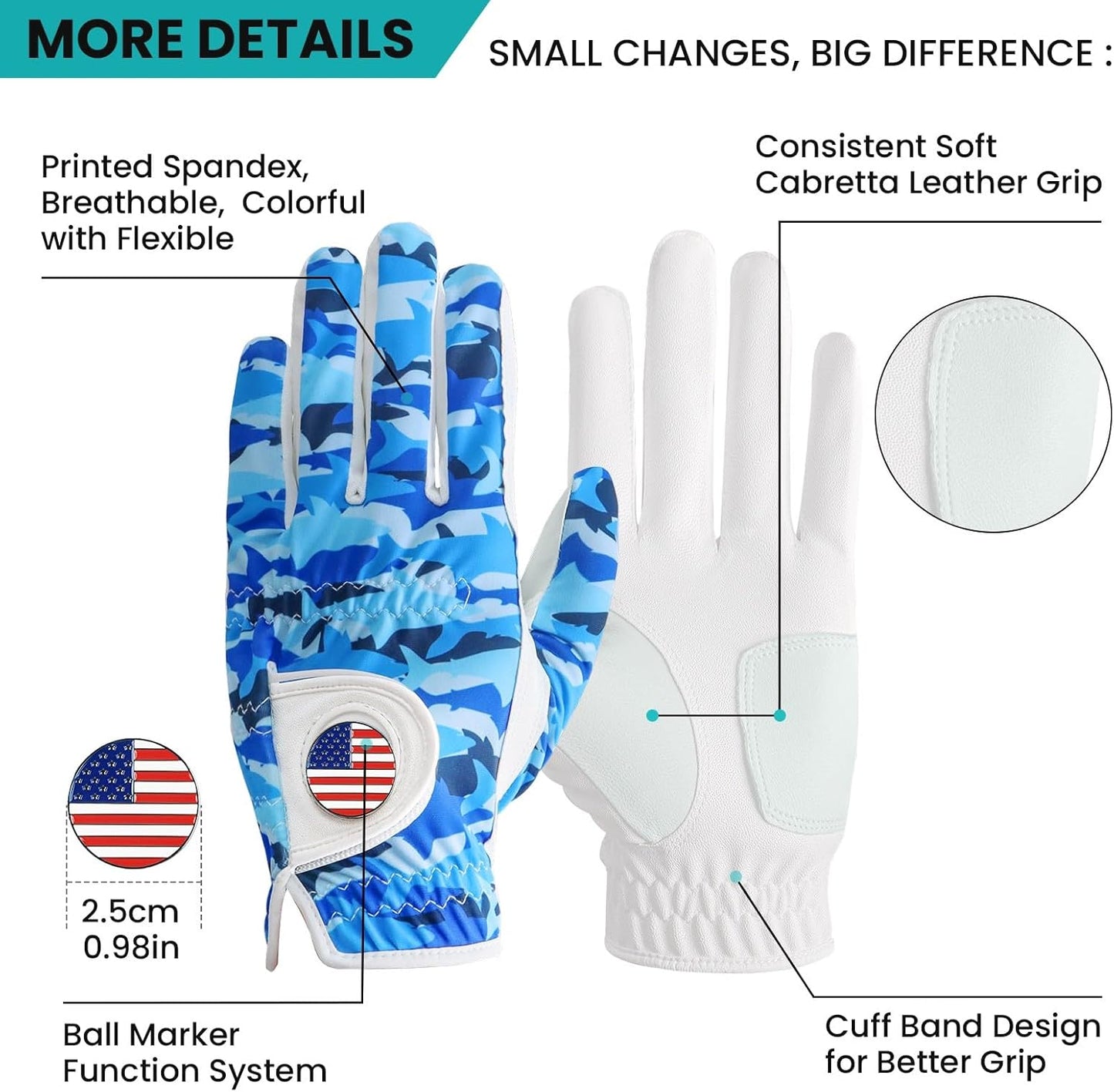 FINGER TEN Golf Gloves Men Right Handed Golfer Left Hand with Ball Marker 2 Pack Leather Breathable Comfortable Weathersof Grip Size Small Medium ML Large XL