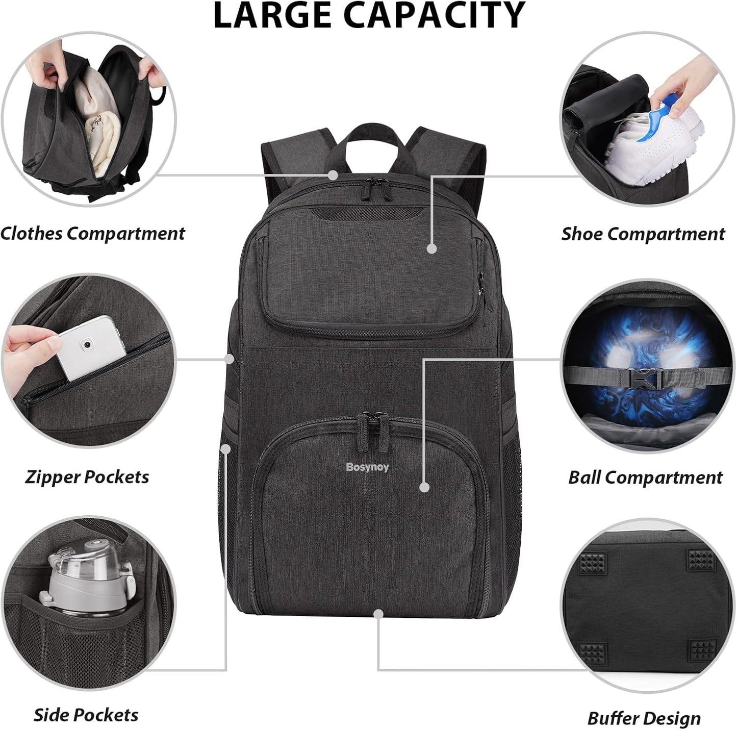 Bosynoy Bowling Backpack, Bowling Ball Bag Totes for Single Ball with Shoe Compartment & Foam Padded, Fits Shoes Up to US Mens Size 16, Grey