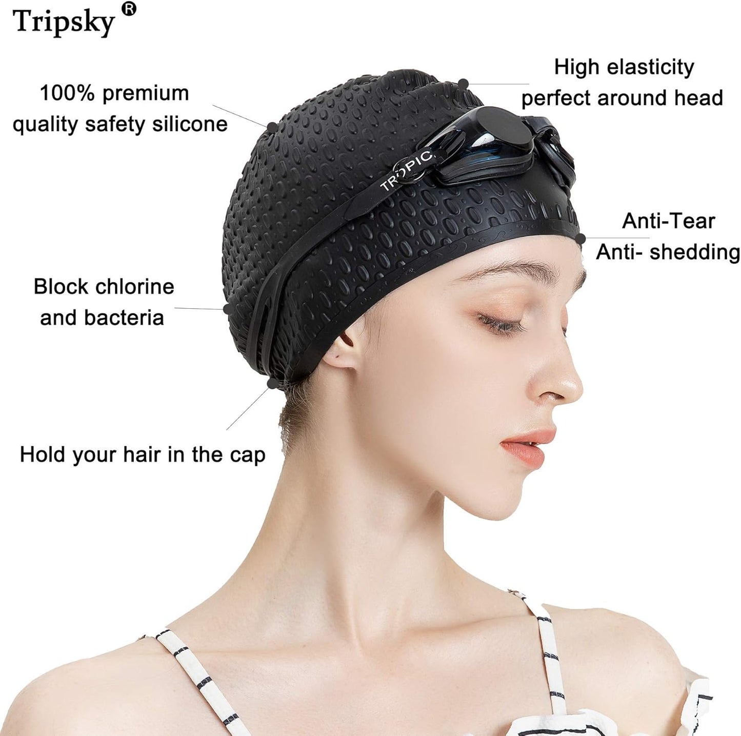 Tripsky Silicone Swim Cap,Comfortable Bathing Cap Ideal for Curly Short Medium Long Hair, Swimming Cap for Women and Men, Shower Caps Keep Hairstyle Unchanged…