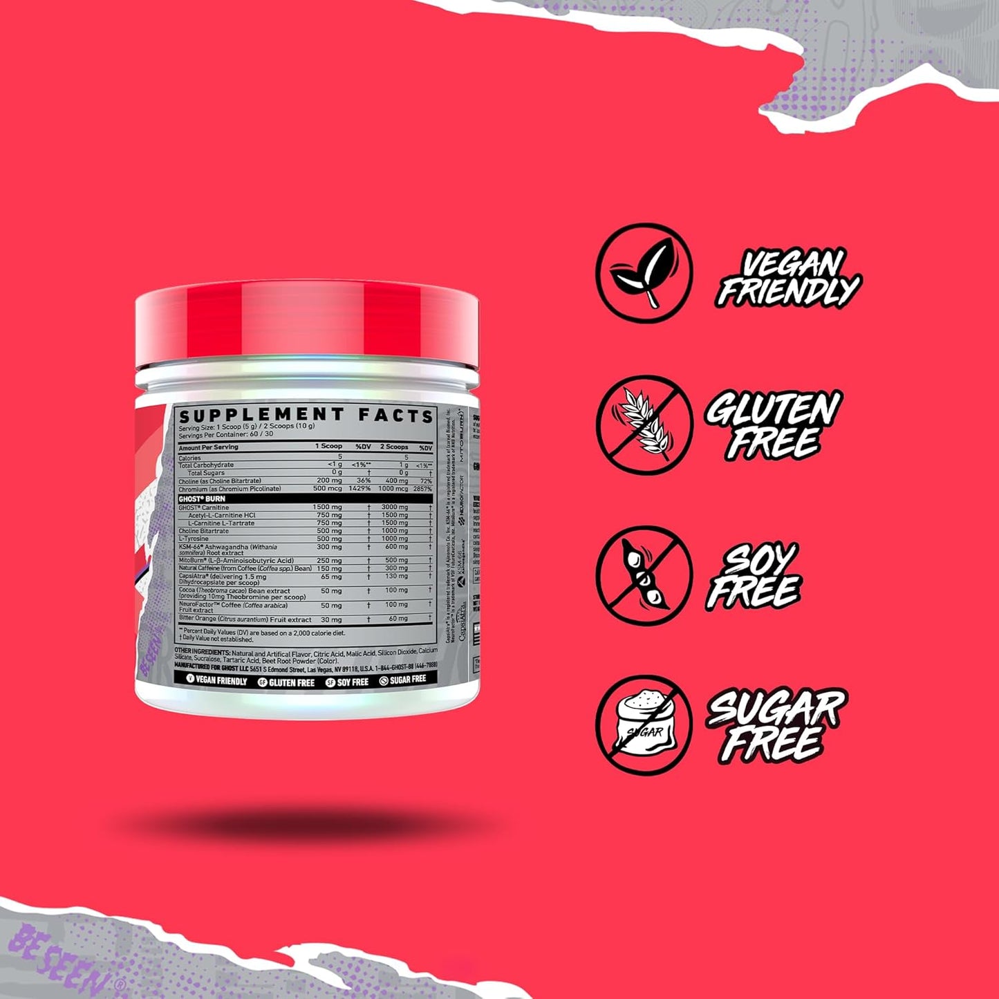 GHOST Burn Weight Management Powder, Kiwi Strawberry (60 Servings) - Metabolism & Energy Support Supplement for Men & Women - Natural Caffeine, L-Carnitine & L-Tyrosine - Soy & Sugar-Free, Vegan