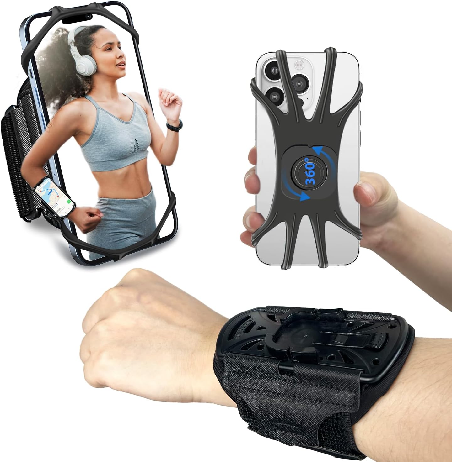 Wristband Phone Holder for Running,【360° Rotatable & Upgrade Anti-Drop】 Forearm Armband for iPhone 16/15/14/Pro/Mini/12/11/SE/XR XS,Fits All 4-6.5 Inch Smartphones (Black)