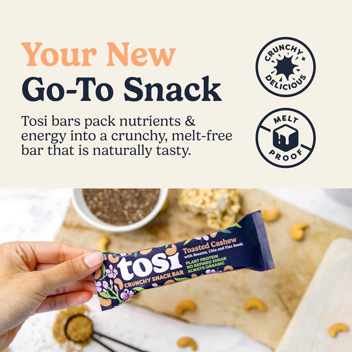 Tosi Cashew Protein Bars, Plant Based with Nuts, Gluten-Free Crunchy Snacks, Vegan, Organic, Flax & Chia Seeds, Soy-Free, Omega 3s, 5G Protein, 1 oz, 12-Pack