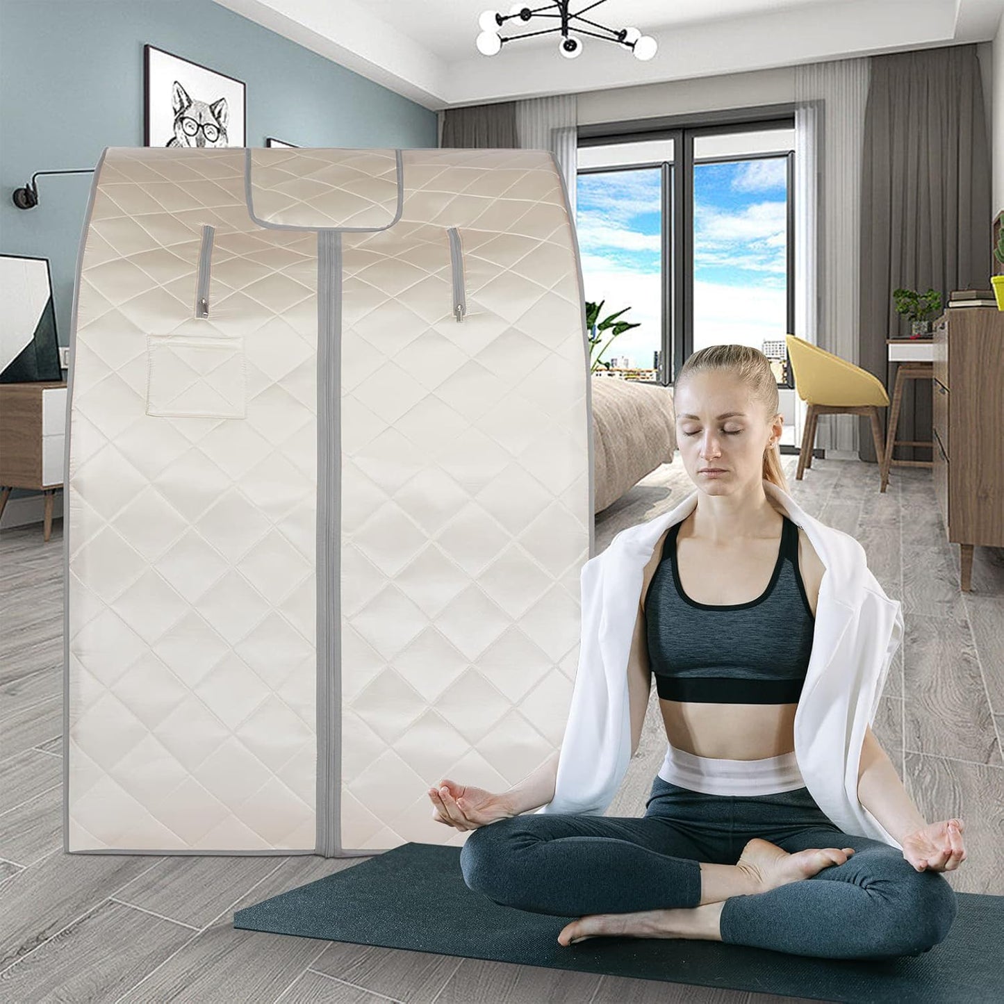 Smartmak Far Infrared Sauna, Full Body One Person Portable SPA Set with Time & Tempreture Remote Control, Heating Foot Pad and Foldable Reinforced Chair (L 27.6’’ x W 31.5’’ x H 37.8’’)- Beige