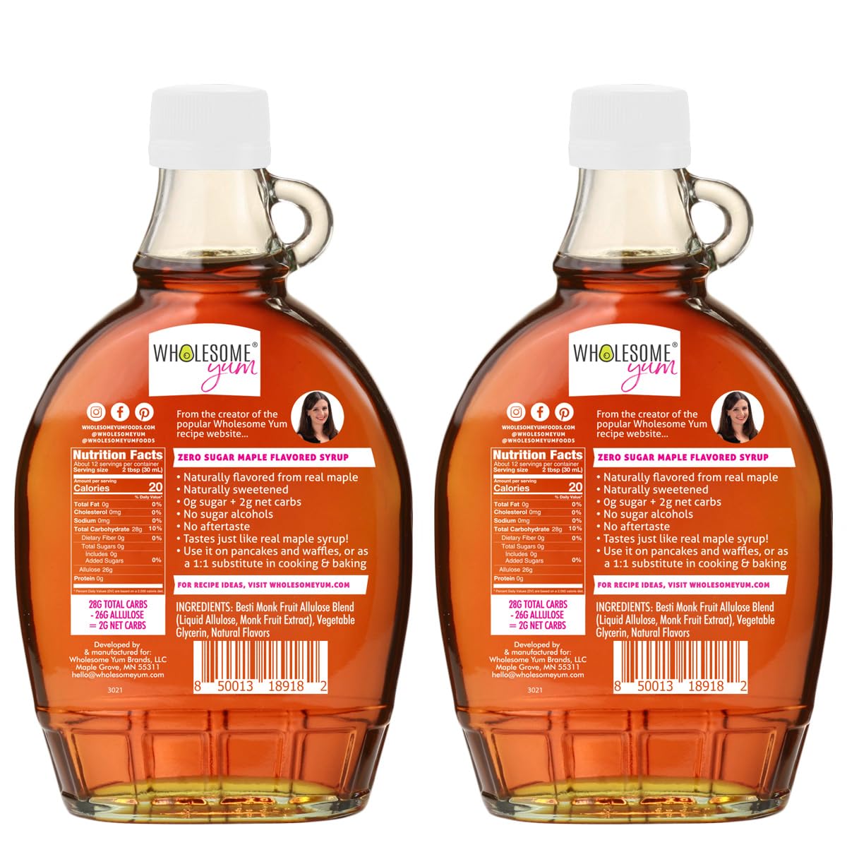Wholesome Yum Zero Sugar Maple Syrup (Keto Maple Syrup) With Monk Fruit & Allulose - Natural Sugar Free Pancake Syrup - Non GMO, Low Carb, Gluten Free, Vegan, No Aftertaste (12 fl oz, 2 Pack)