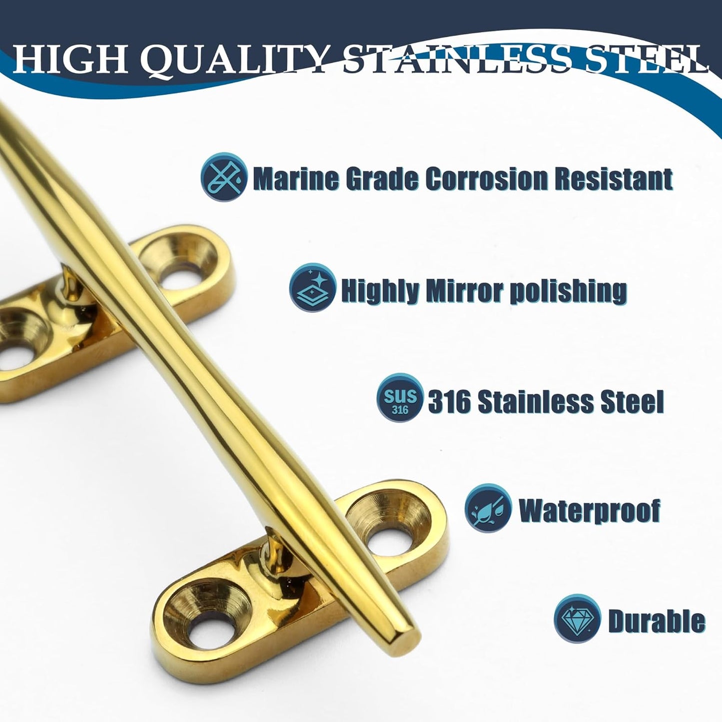 SHENGHUISS Boat Cleat 316 Stainless Steel Open Base Boat Dock Cleats（4"/5"/6"/8"/10"/12"） Silver/Gold for Boat, Dock, Kayaks, Nautical Decor ect