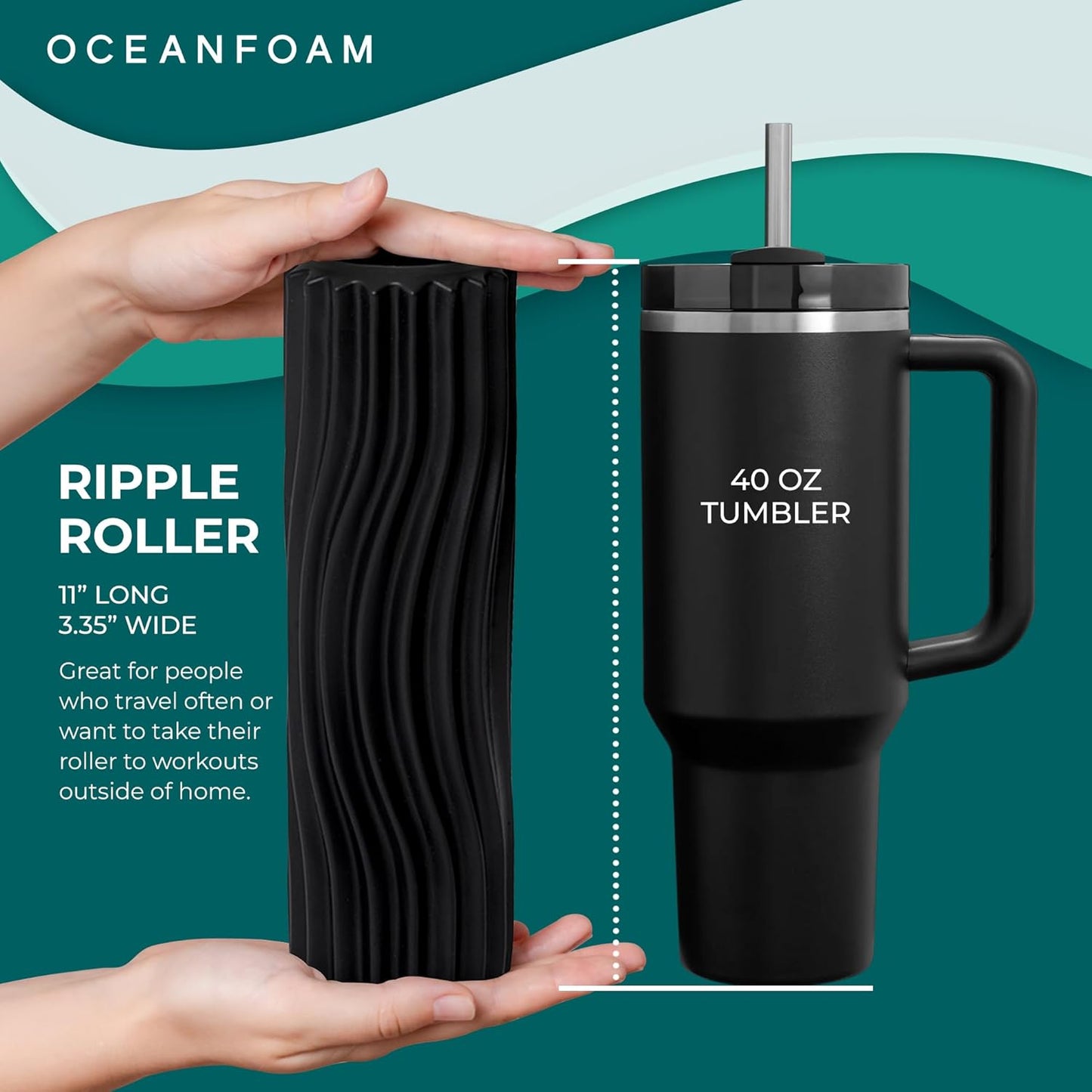 Oceanfoam Ripple Travel Foam Roller (11" x 3.35") Firm Mini Foam Roller for Physical Therapy, Deep Tissue Massage, Back Pain - High Density, Ergonomic Wave Textured - Yoga, Pilates, Exercise (Black)