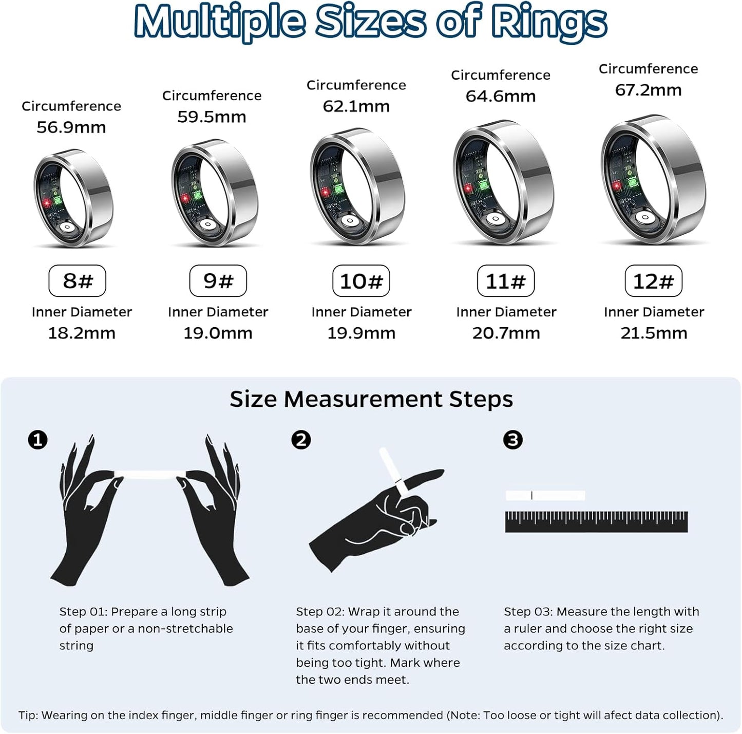 Smart Ring Health Tracker, Sleep Tracker Ring with Heart Rate, Waterproof Fitness Ring for Activity Monitoring/Steps/Distance/Calories, Air Gestures, Up to 7-Day Battery, for iOS Android (Silver,#11)